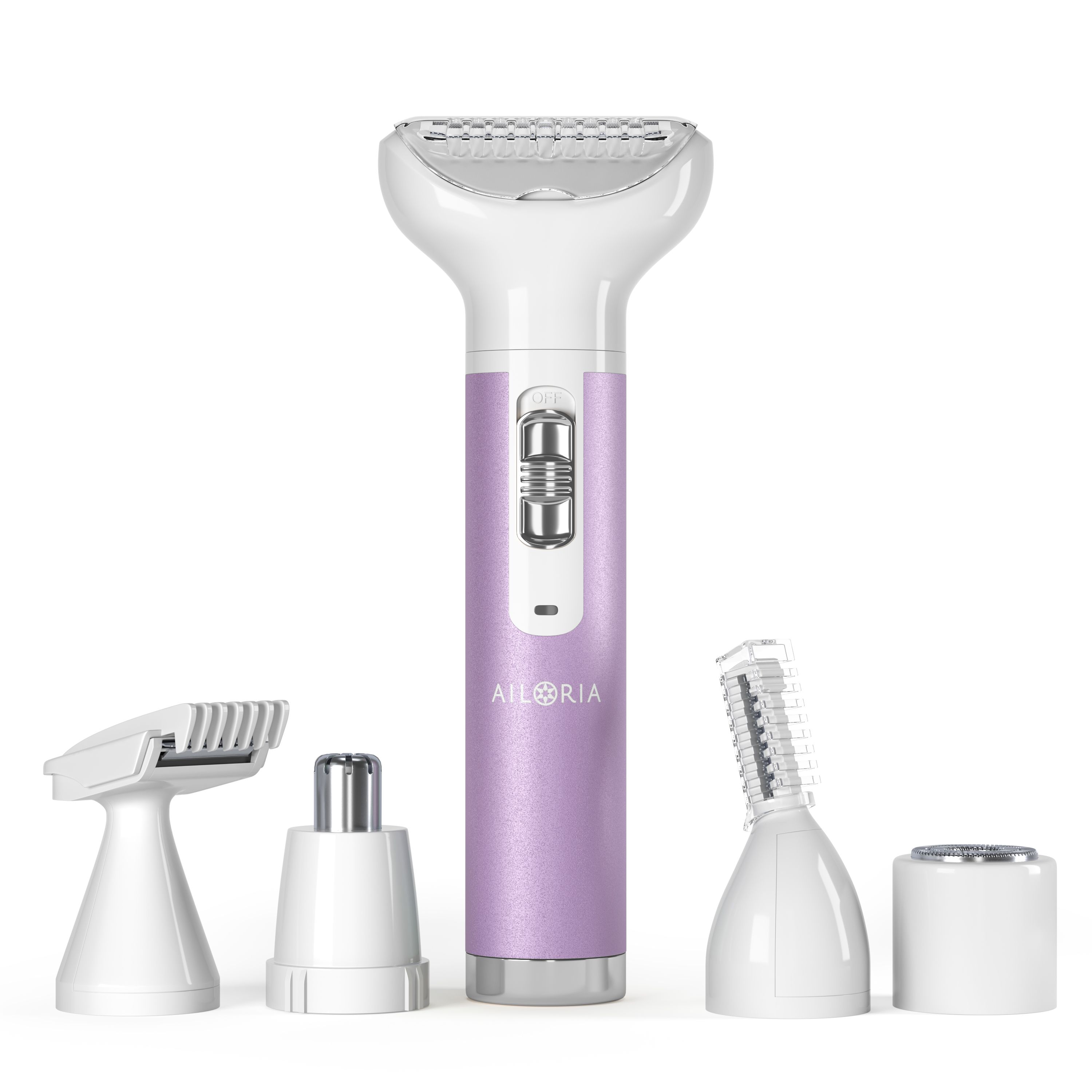 Rasoir avec accessoires. Couleurs violet et blanc. Comprend des accessoires pour le nez, le bikini, les sourcils et le corps. Logo AILORIA.