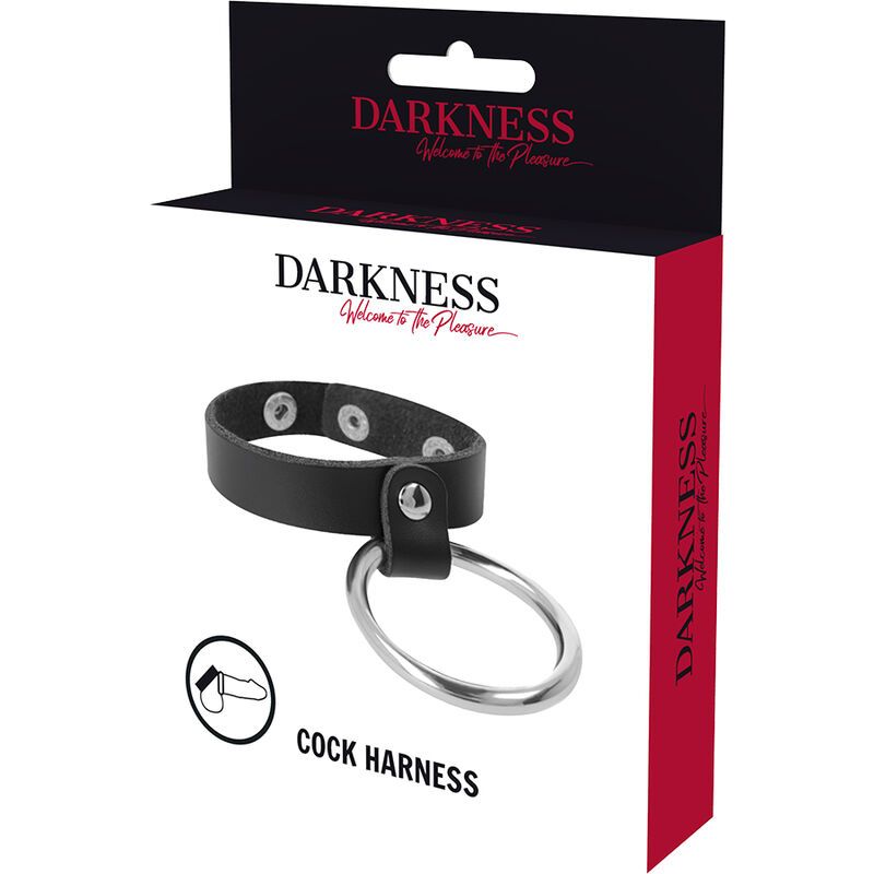 Productdoos met een zwarte leren band en metalen ring, opschrift 'Cock Harness'.