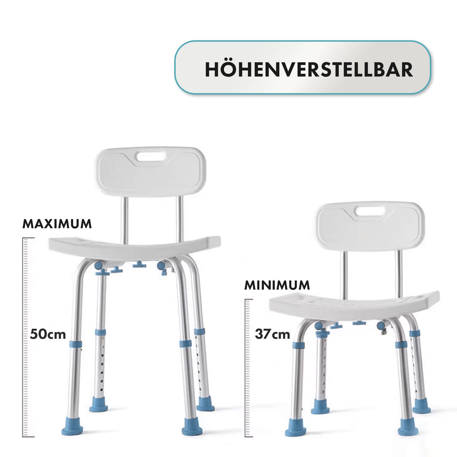 Chaise de douche avec dossier. Réglable en hauteur. Hauteur maximale et minimale.