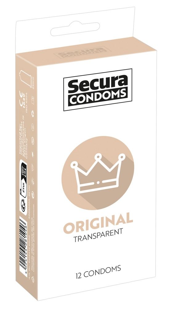 Kartonnen verpakking met logo Secura Condoms, Original Transparent, 12 condooms. Detail.