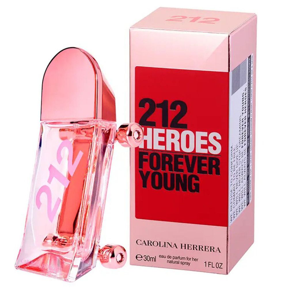 Roze fles en verpakking. Opschrift "212 Heroes Forever Young". Merk Carolina Herrera. 30ml.
