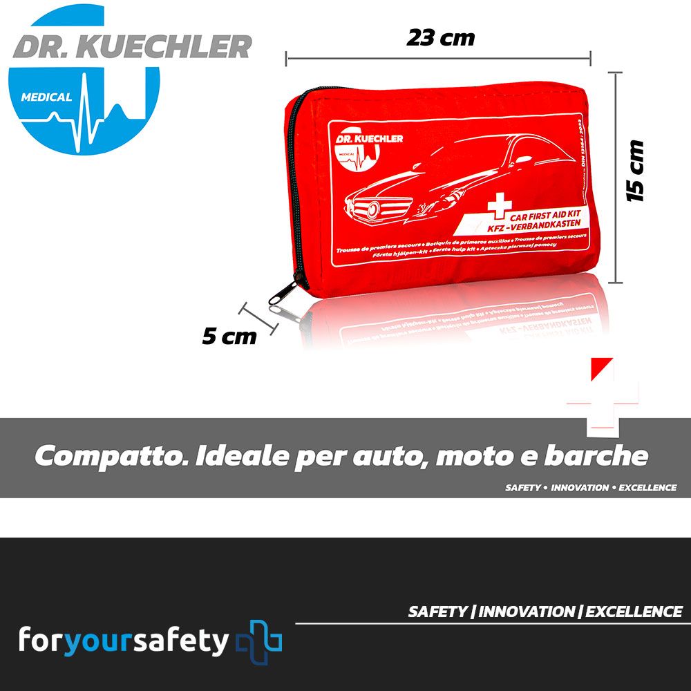Trousse de premiers secours rouge pour voiture avec dimensions: 23x15x5 cm. Marque: Dr. Kuechler Medical.