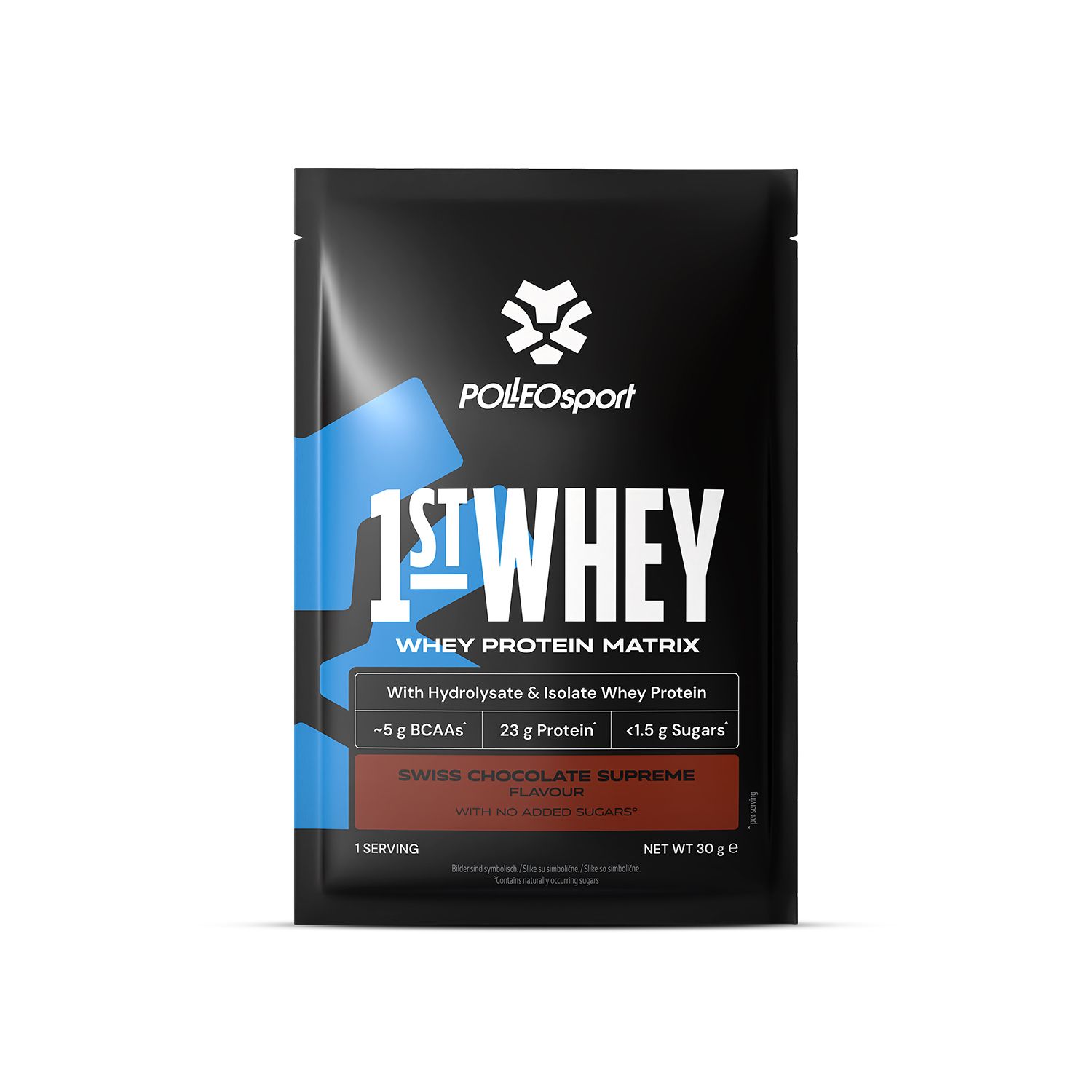Sachet Polleo 1st Whey Protein Matrix, saveur Swiss Chocolate Supreme, 30g.