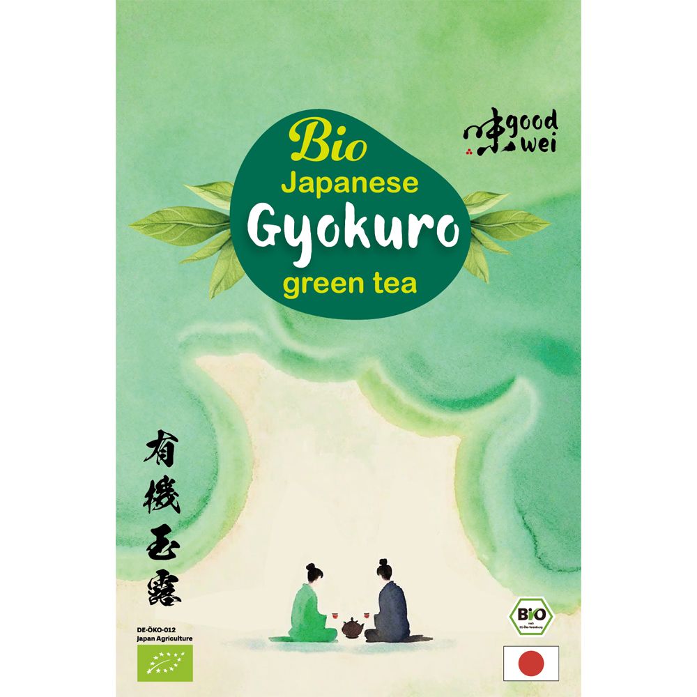 Verpakking van Goodwei Bio Gyokuro groene thee. Groen, met tekst en illustraties. Bio-label en Japanse vlag.
