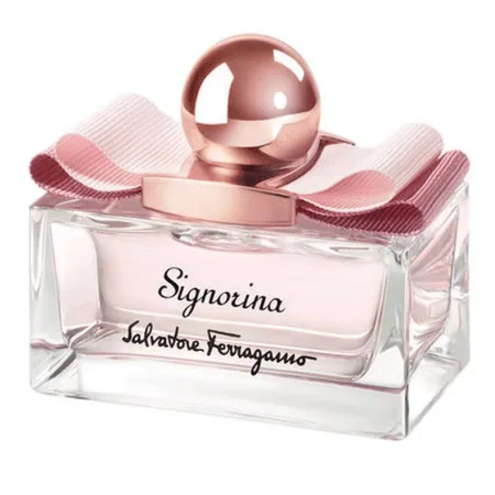 Parfumfles met roze vloeistof, strik en gouden dop. Opschrift Signorina en Salvatore Ferragamo.