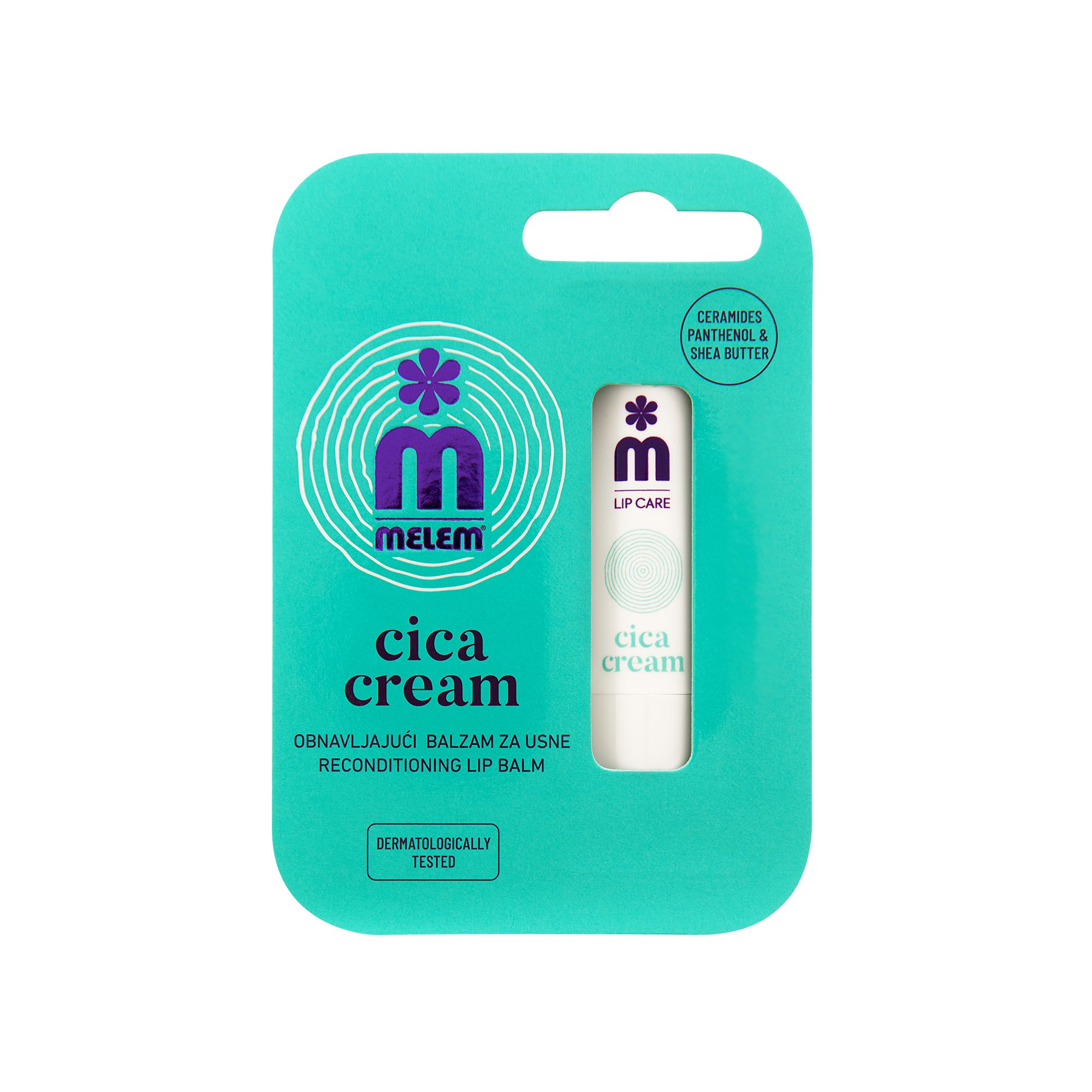 Lipbalsem in verpakking. Witte stick met "cica cream". Turquoise verpakking met logo en tekst "MELEM". Dermatologisch getest.
