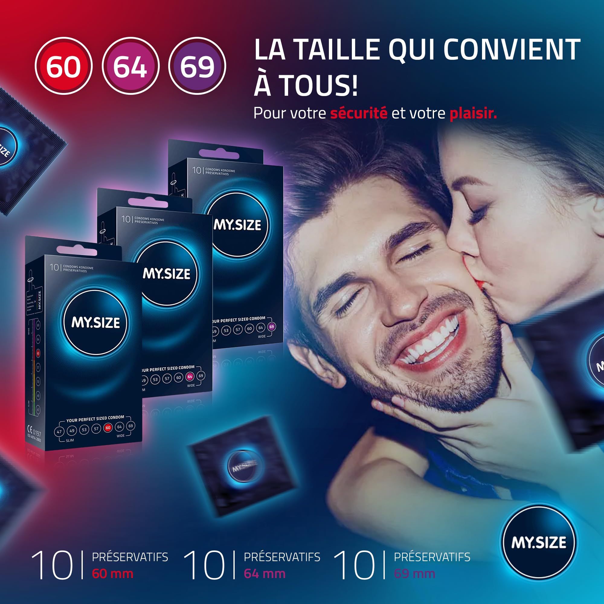Trois paquets de préservatifs MY.SIZE Classic (tailles 60, 64, 69).