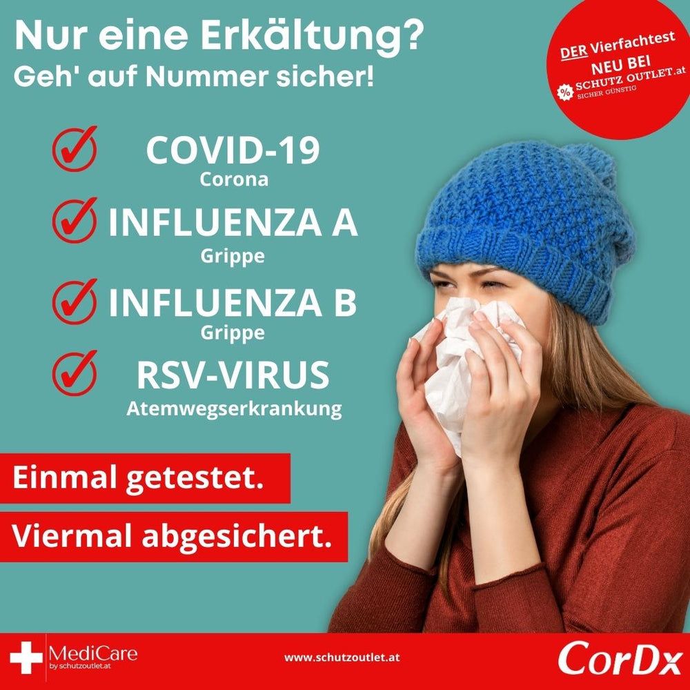 Vrouw met blauwe muts houdt zakdoek vast. Tekst: COVID-19, Griep A/B, RSV-virus. De viervoudige test. Eén keer getest, vier keer veilig.