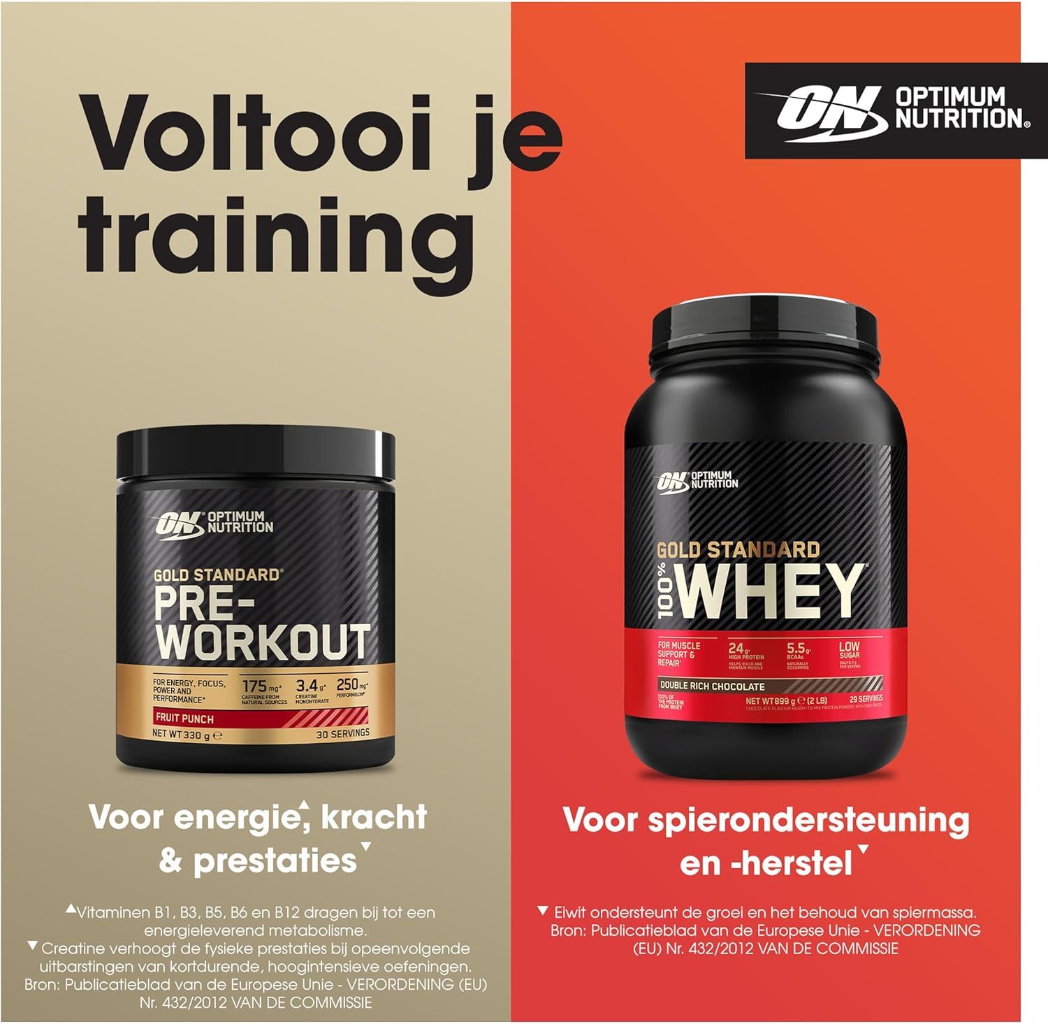 Optimum Nutrition BCAA Train+Sustain Framboos-Granaatappel pot naast Pre-Workout en Whey Protein.