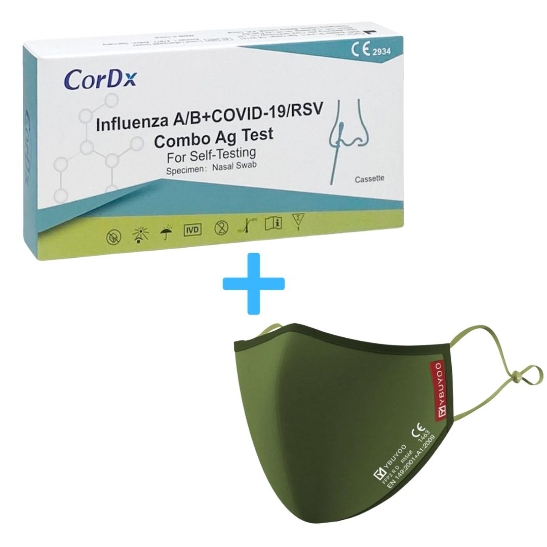 Testkit met CE-markering en groen FFP2-masker. Opschrift: Influenza A/B+COVID-19/RSV Combo Ag Test. Neusuitstrijkje.