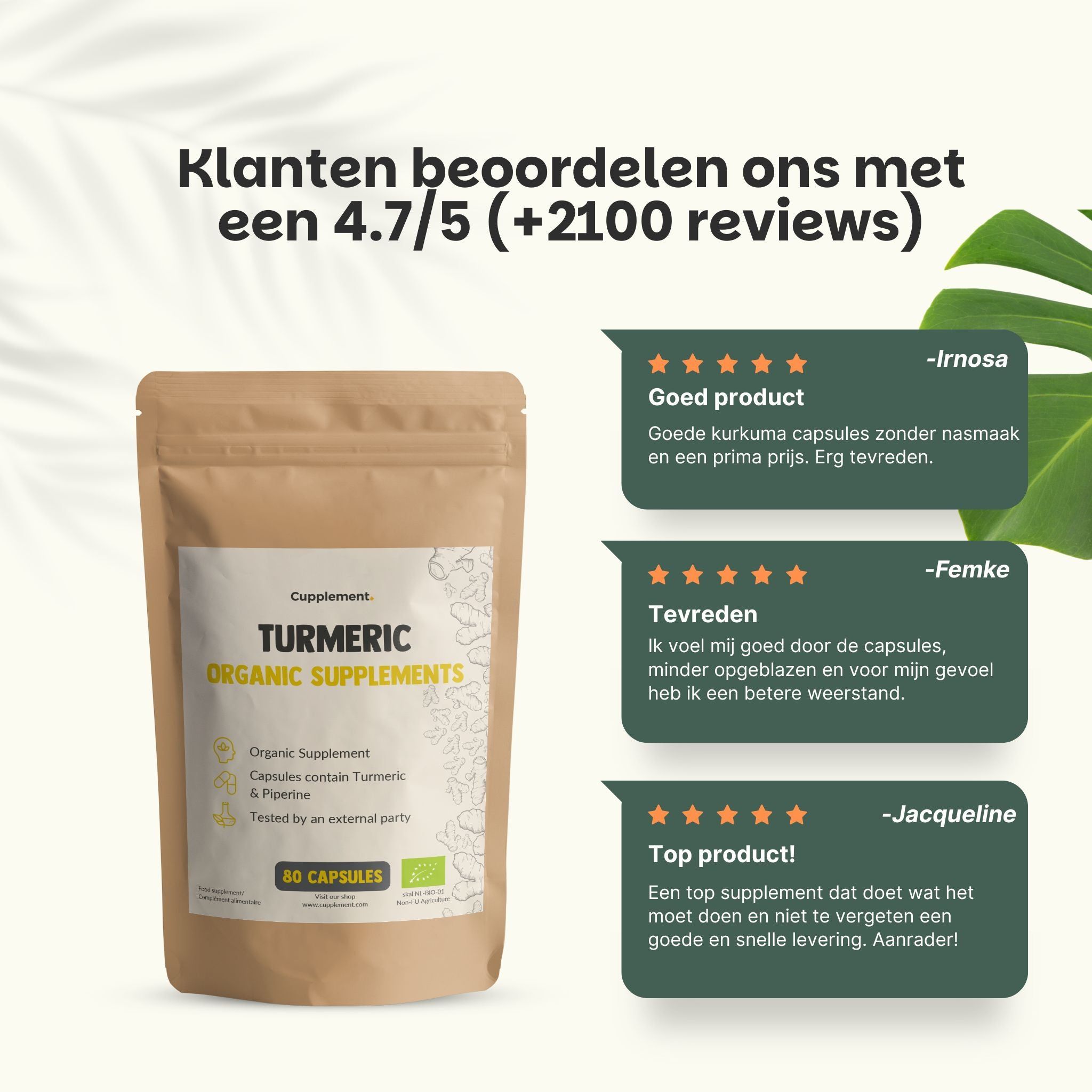 Zakje met kurkuma capsules. Tekst: Turmeric Organic Supplements. 80 capsules. Bio-keurmerk. Klantenbeoordelingen.