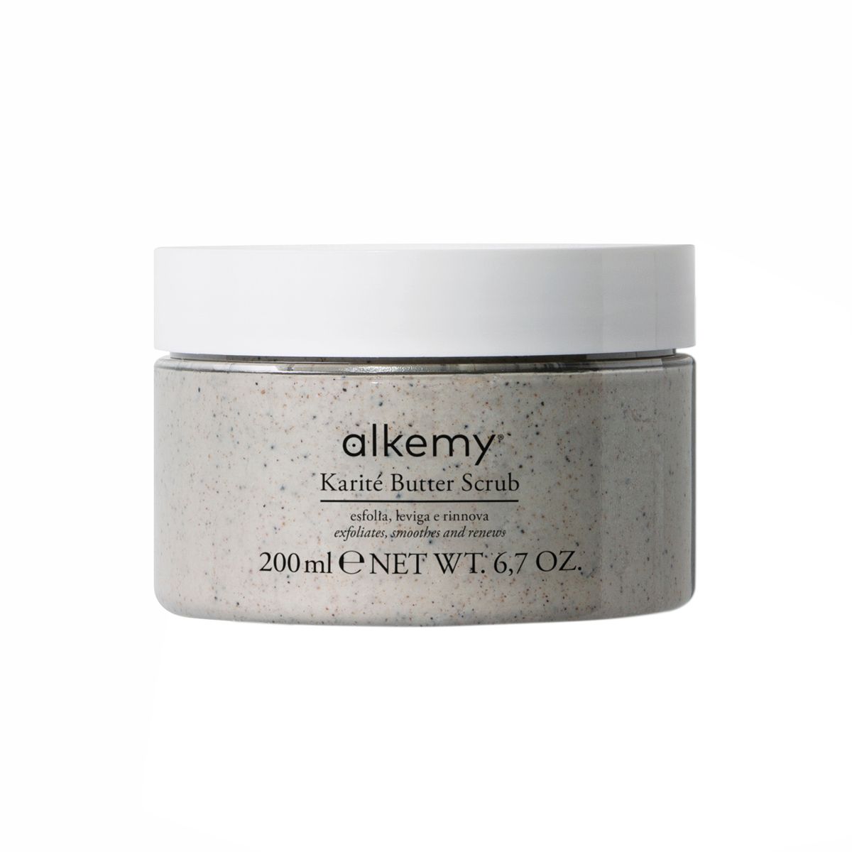 Gommage corps Alkemy Karité Butter Scrub dans un pot sur fond blanc.