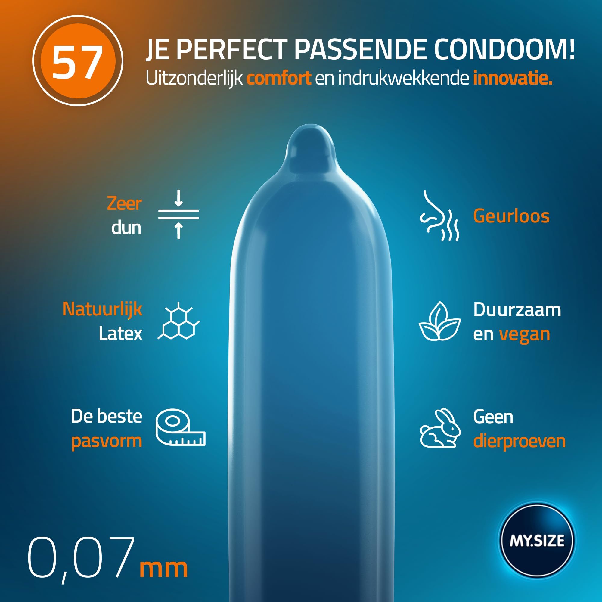 Doos met 36 MY.SIZE 57 condooms. Toont maten 47-69.
