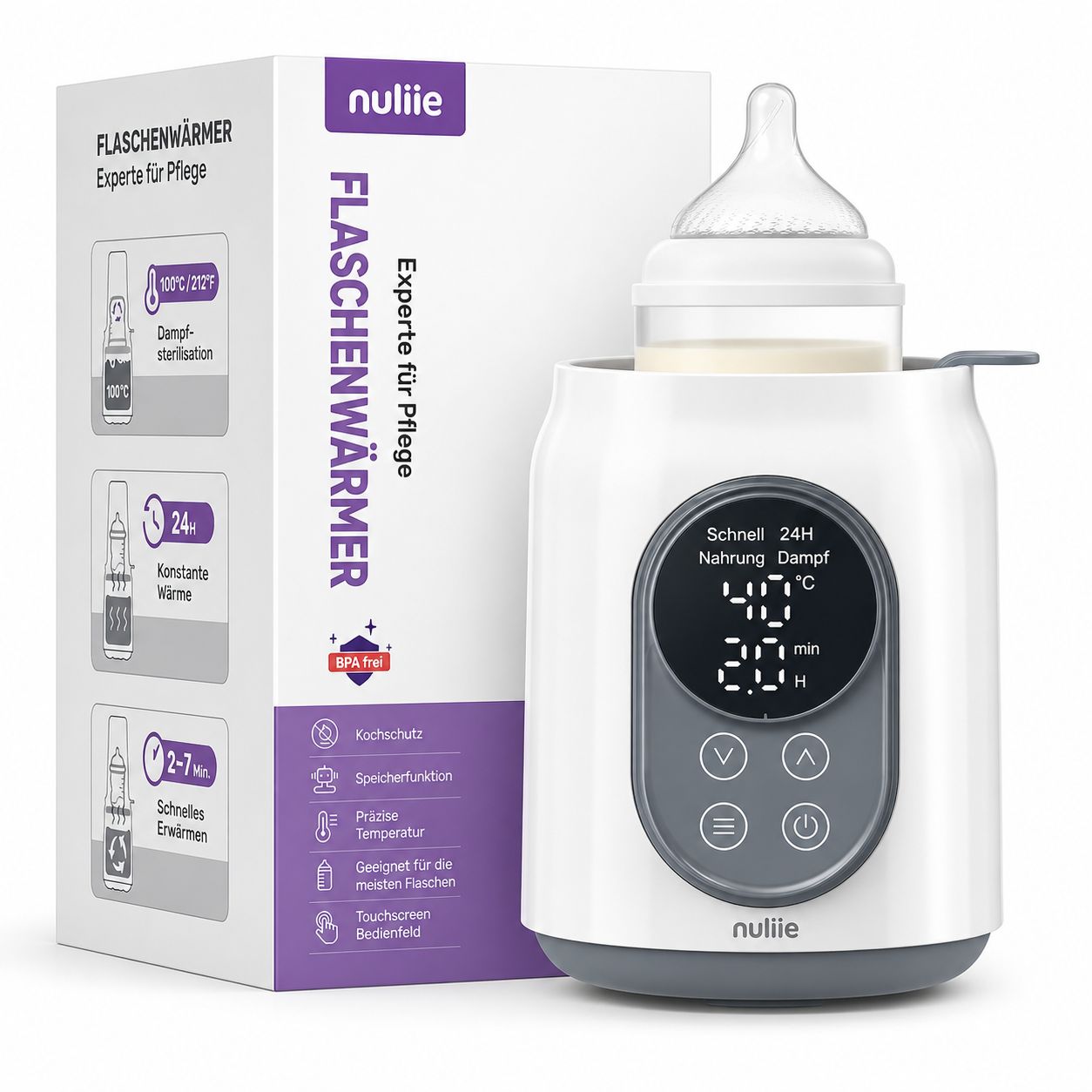 Nuliie flessenwarmer met digitaal display en babyfles. Verpakking ernaast.
