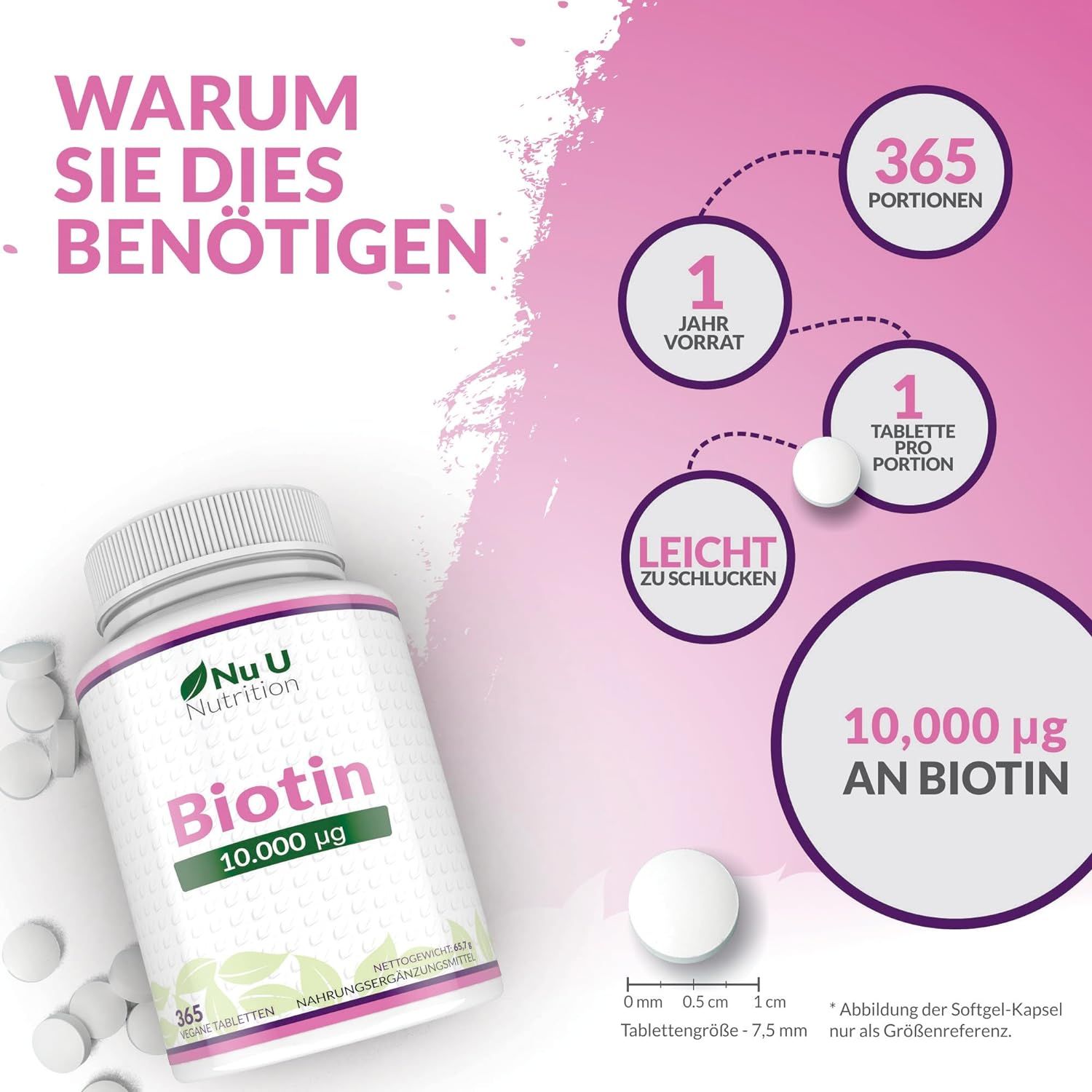 Fles Biotine 10.000 mcg Nu U Nutrition. Witte tabletten. 365 porties. Gemakkelijk te slikken.