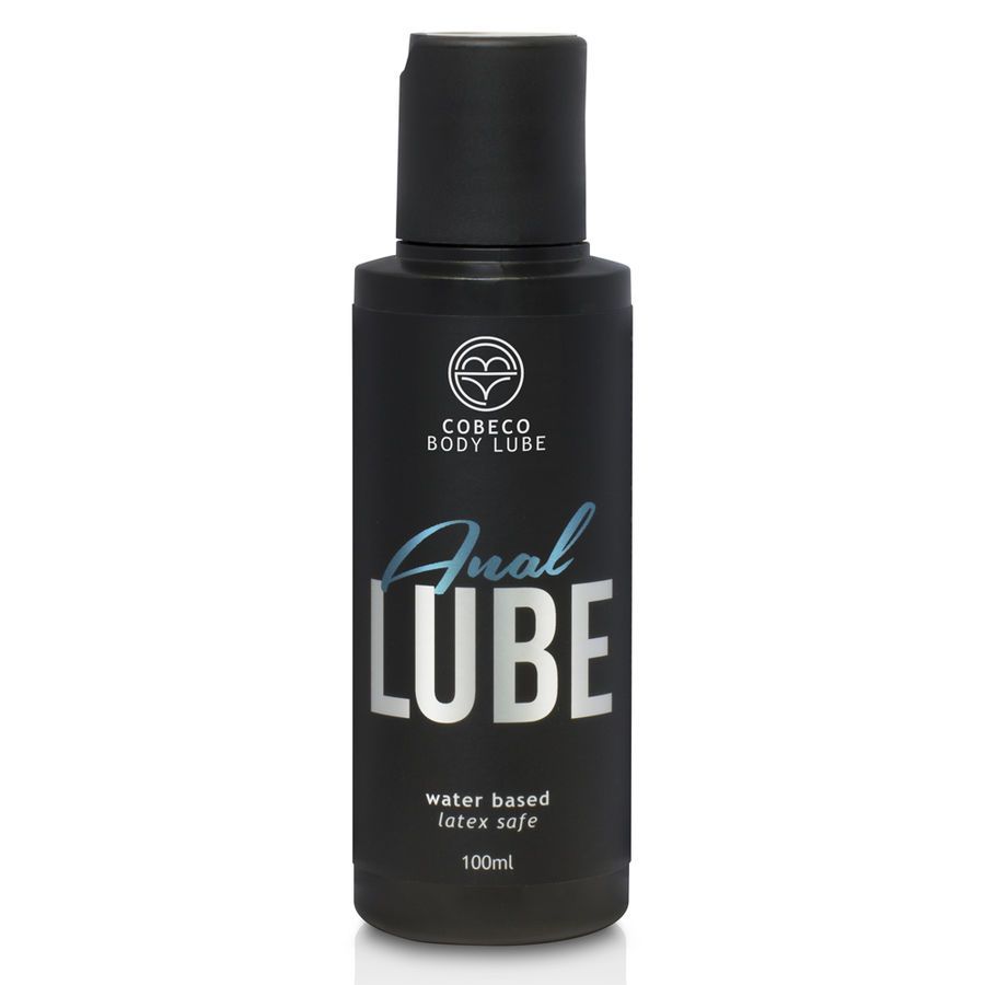 Flacon noir avec inscription Anal Lube, à base d'eau, compatible latex, 100ml.