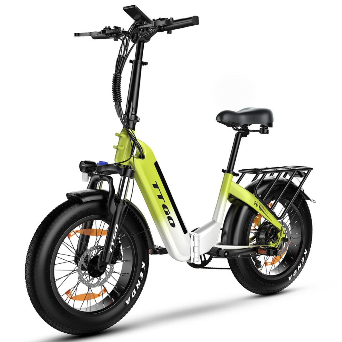 Opvouwbare e-bike, groen-wit, met bagagedrager, zwart zadel en banden. Merk TTGO, model F6.