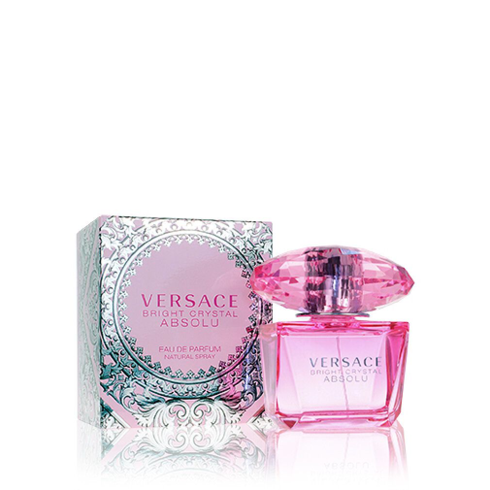 Flacon et emballage roses. Inscription: VERSACE BRIGHT CRYSTAL ABSOLU.
