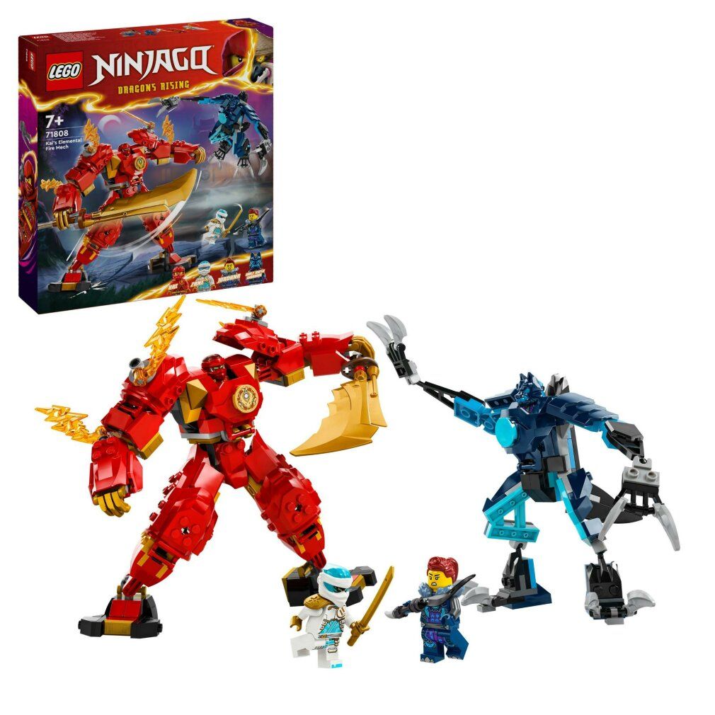 Robot rouge avec arme dorée, robot bleu, 2 figurines et emballage avec logo LEGO et nom du produit.
