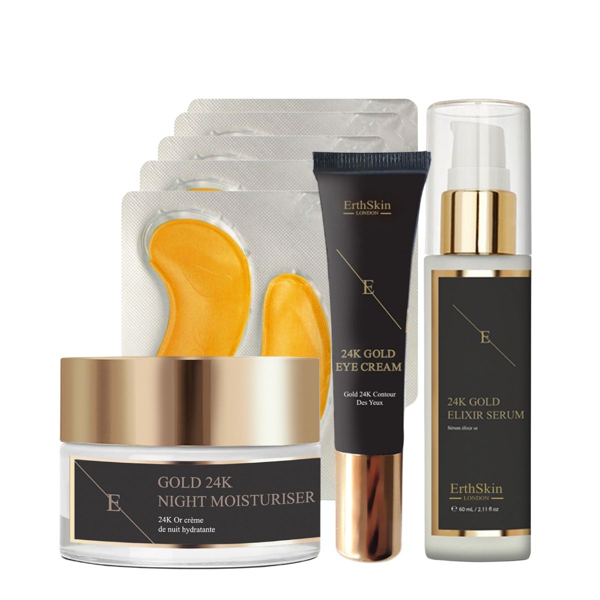 Produits ErthSkin London : crème de nuit, crème pour les yeux, sérum et patchs. Tubes et pots noirs avec détails dorés.