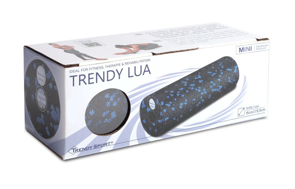 Emballage avec rouleau de fascia. Impression : Trendy Lua, Mini. Illustration d'un rouleau. Texte : Idéal pour le fitness, la thérapie et la rééducation.