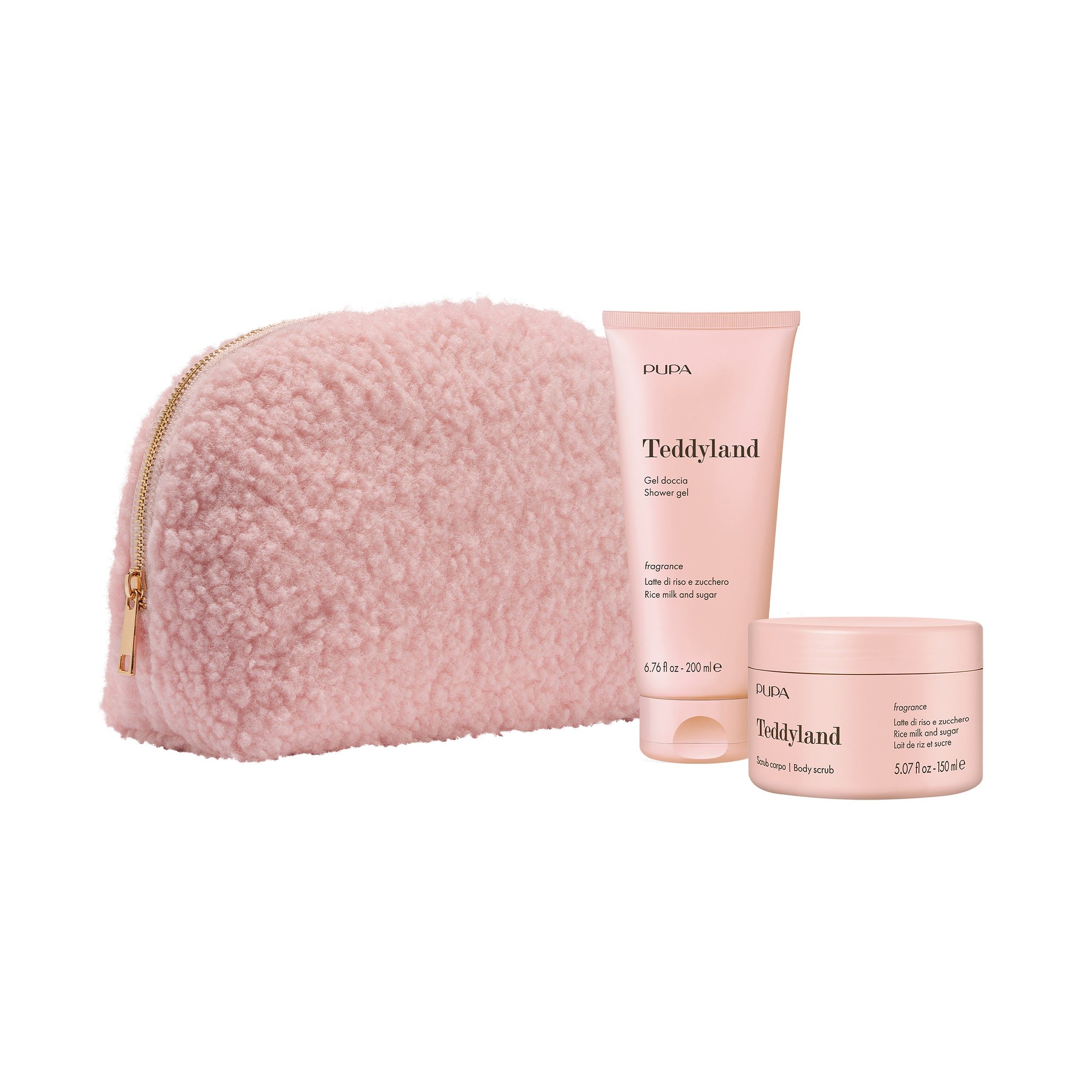 Trousse de toilette Pupa Teddyland rose en peluche avec gel douche et gommage corps.
