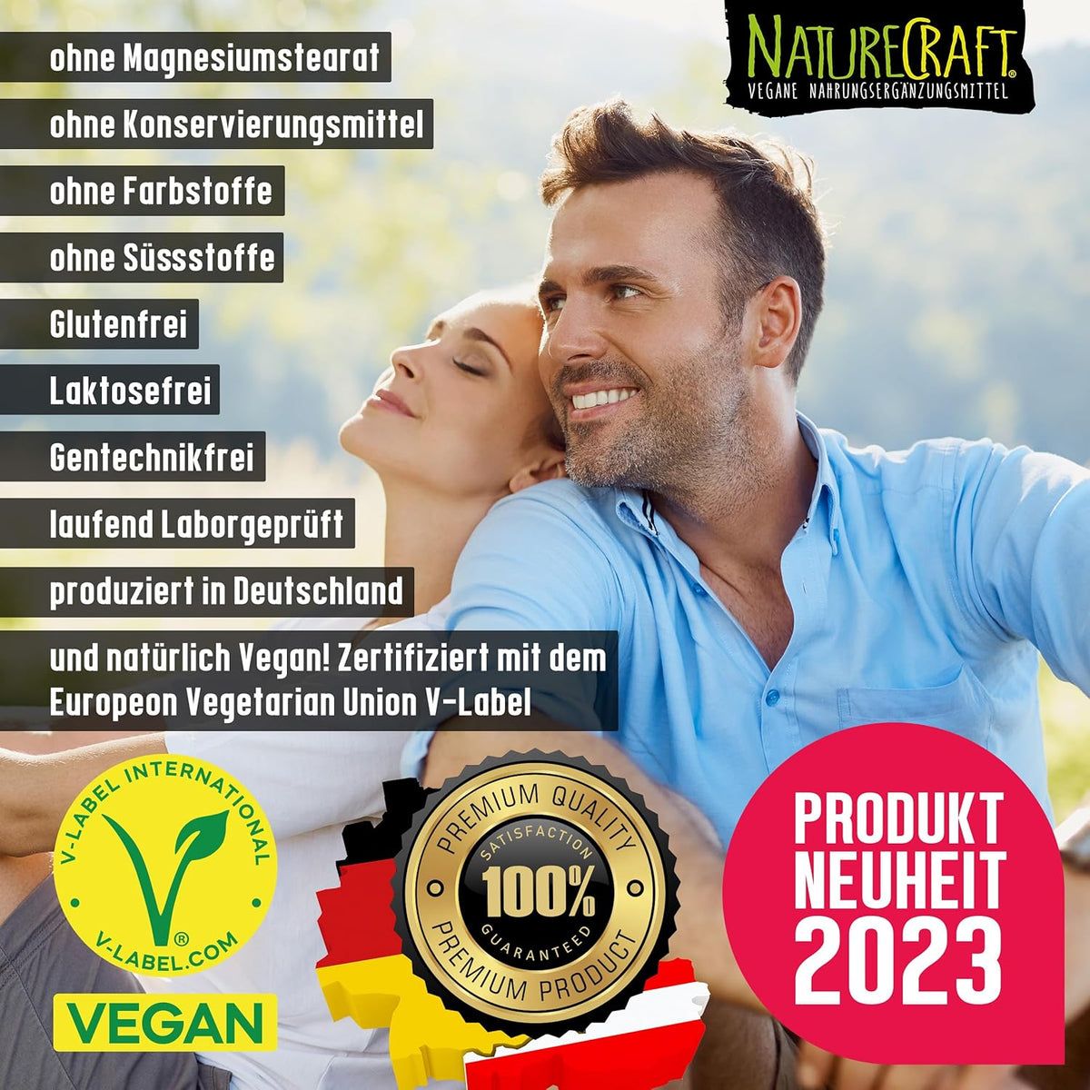 Homme et femme souriants. Texte : Sans additifs, vegan. V-Label. Nouveauté produit 2023. Drapeau allemand.