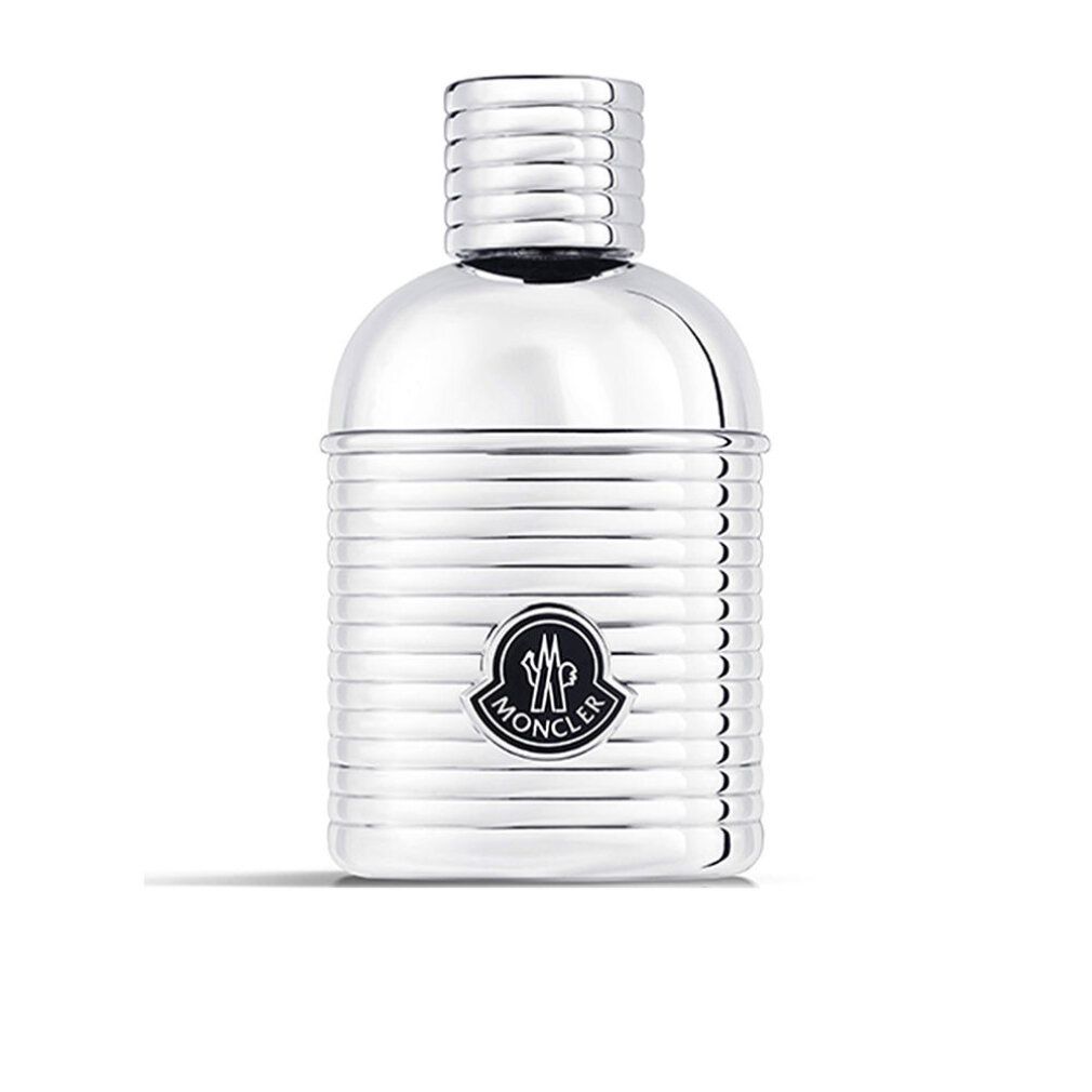 Flacon argenté. Logo Moncler sur le flacon. Surface cannelée. Bouchon cylindrique.