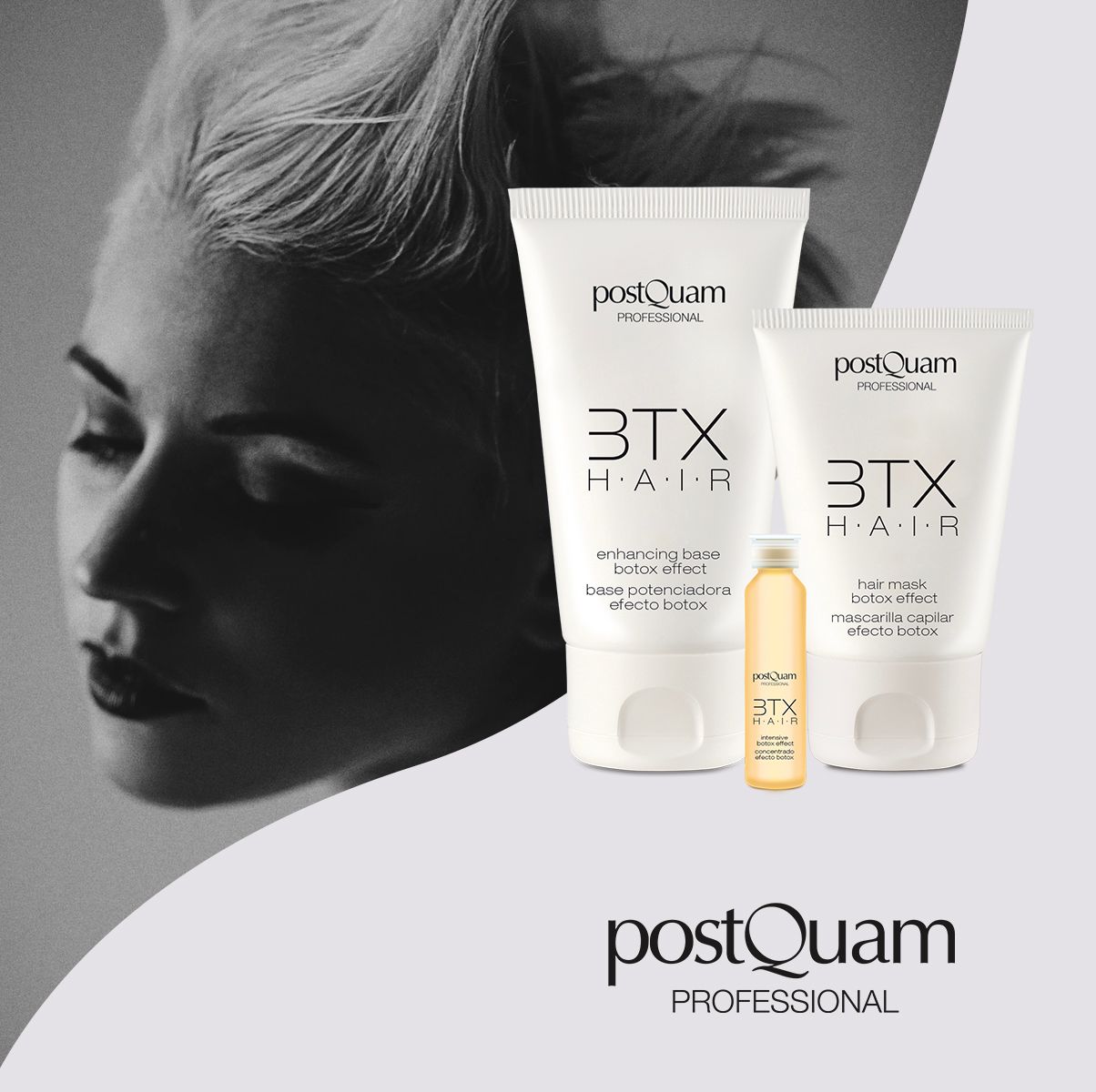 Ensemble de soins capillaires avec deux tubes et une petite bouteille. Inscription : PostQuam, 3TX HAIR. Visage de femme en arrière-plan.