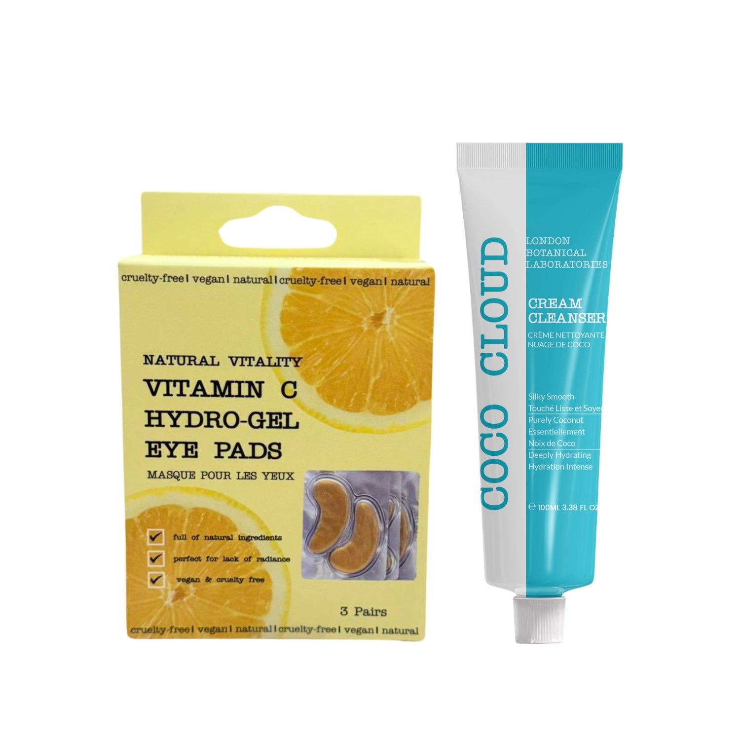 Masque pour les yeux en gel et nettoyant crème. Boîte jaune avec motif orange. Tube blanc et turquoise.