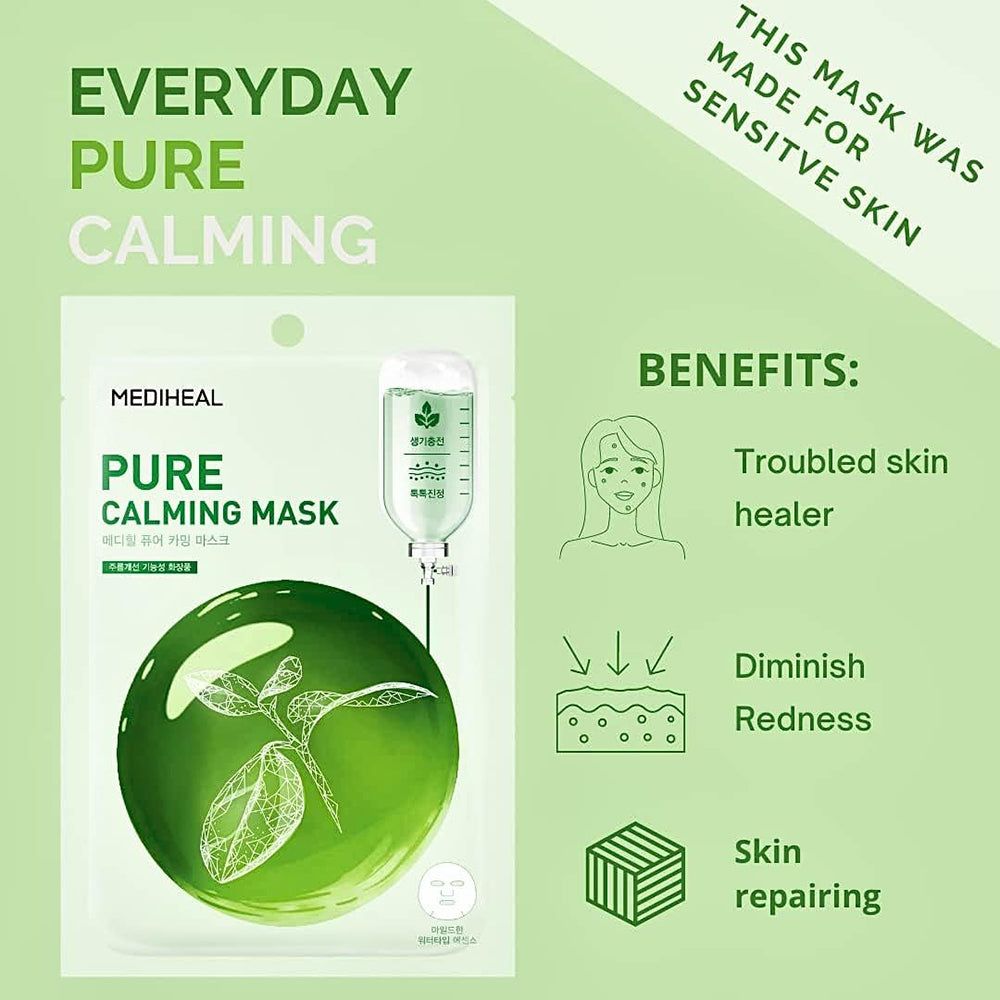 Masque facial vert avec inscription : MEDIHEAL Pure Calming Mask. Illustration d'une sphère verte avec des feuilles. Texte : Everyday Pure Calming, Benefits: troubled skin healer.