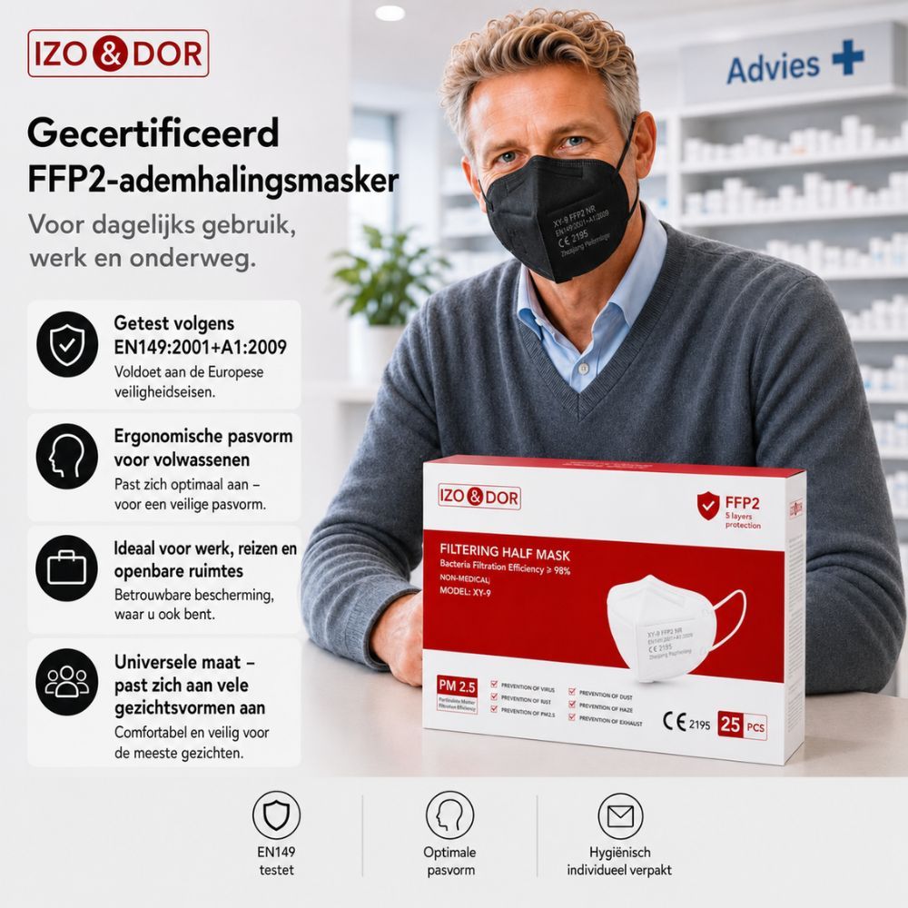 Verpakking FFP2 maskers: 25 stuks, 5-laags, CE 2195, PM 2.5 bescherming.