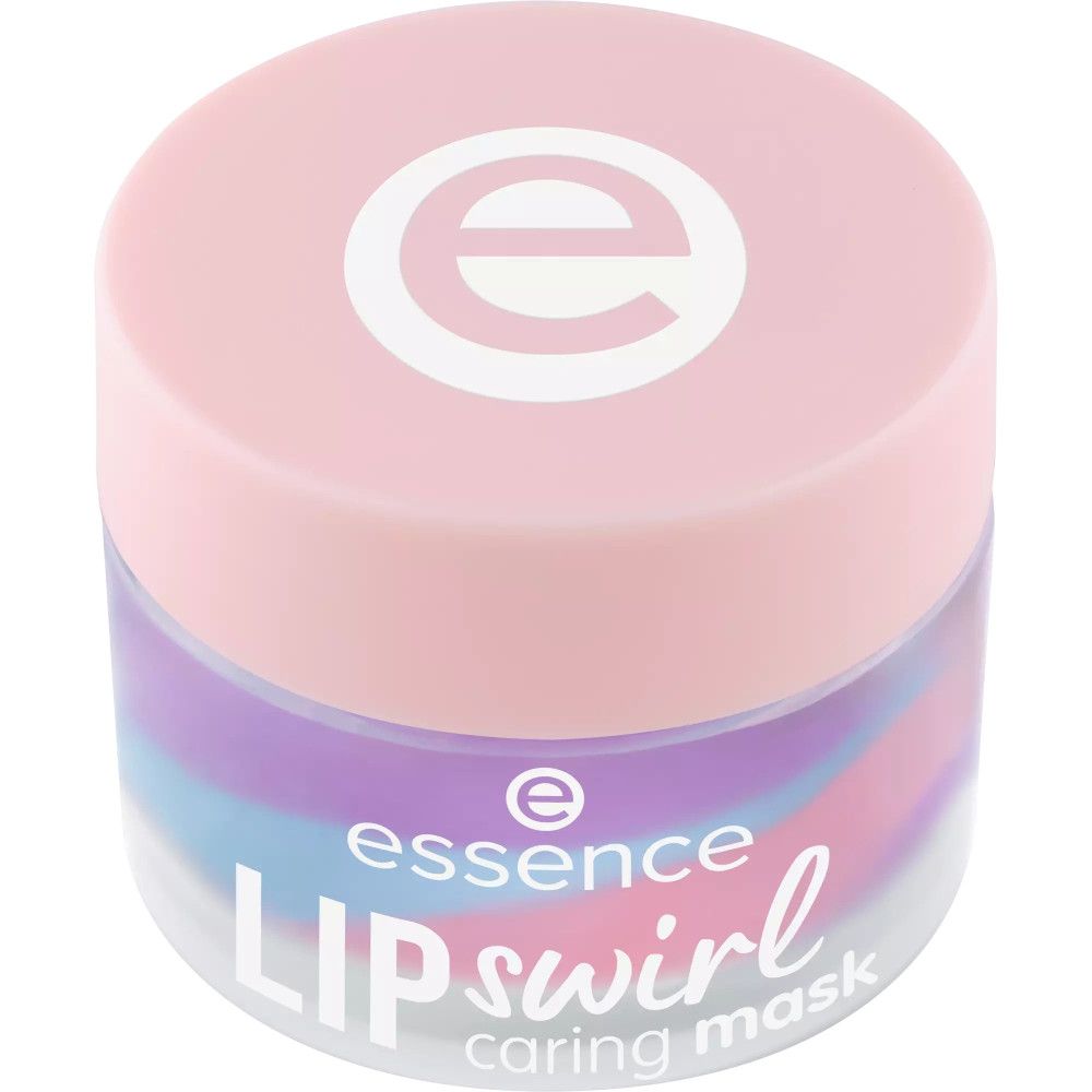 Pot avec couvercle rose et logo blanc. En dessous, un masque pour les lèvres avec des tourbillons colorés. Inscription: essence LIP swirl caring mask.