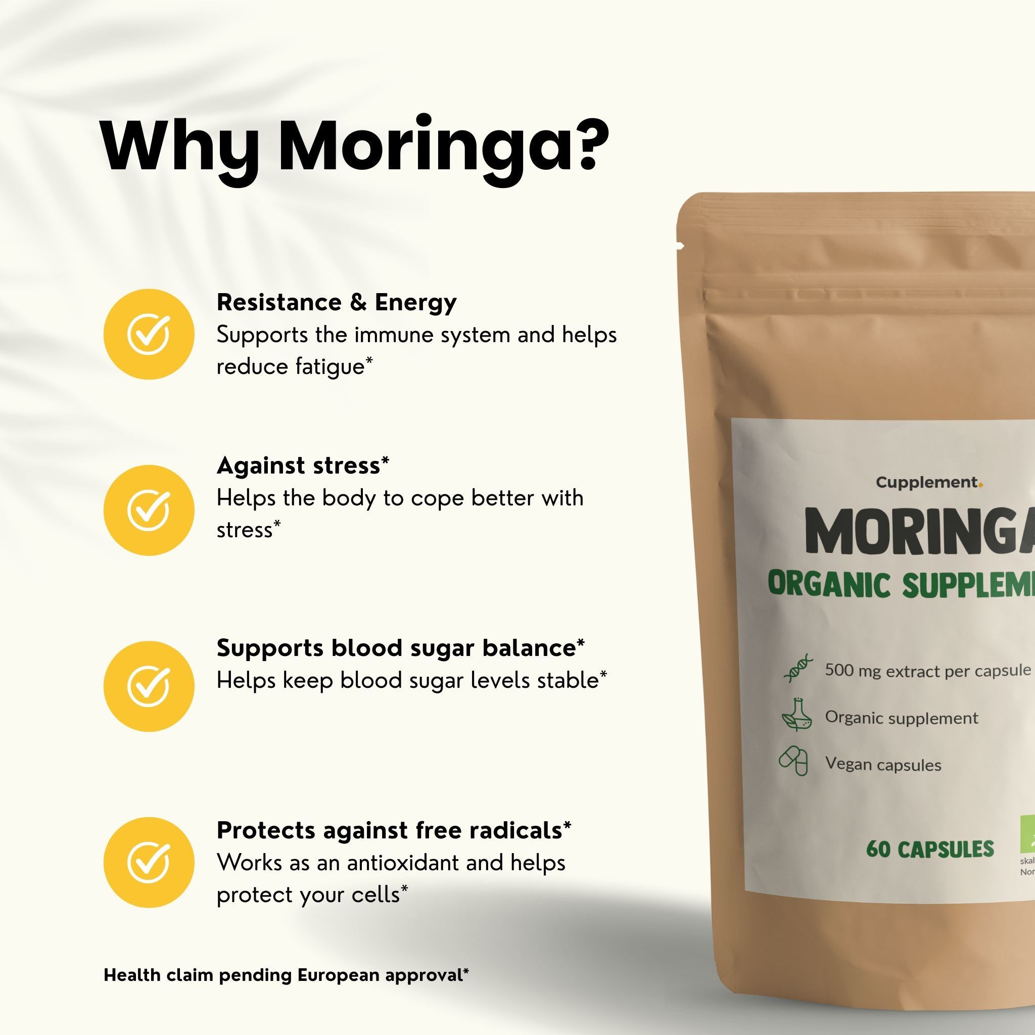 Sachet marron avec capsules de moringa. Inscription : Moringa Organic Supplements. 60 capsules. Avis clients.