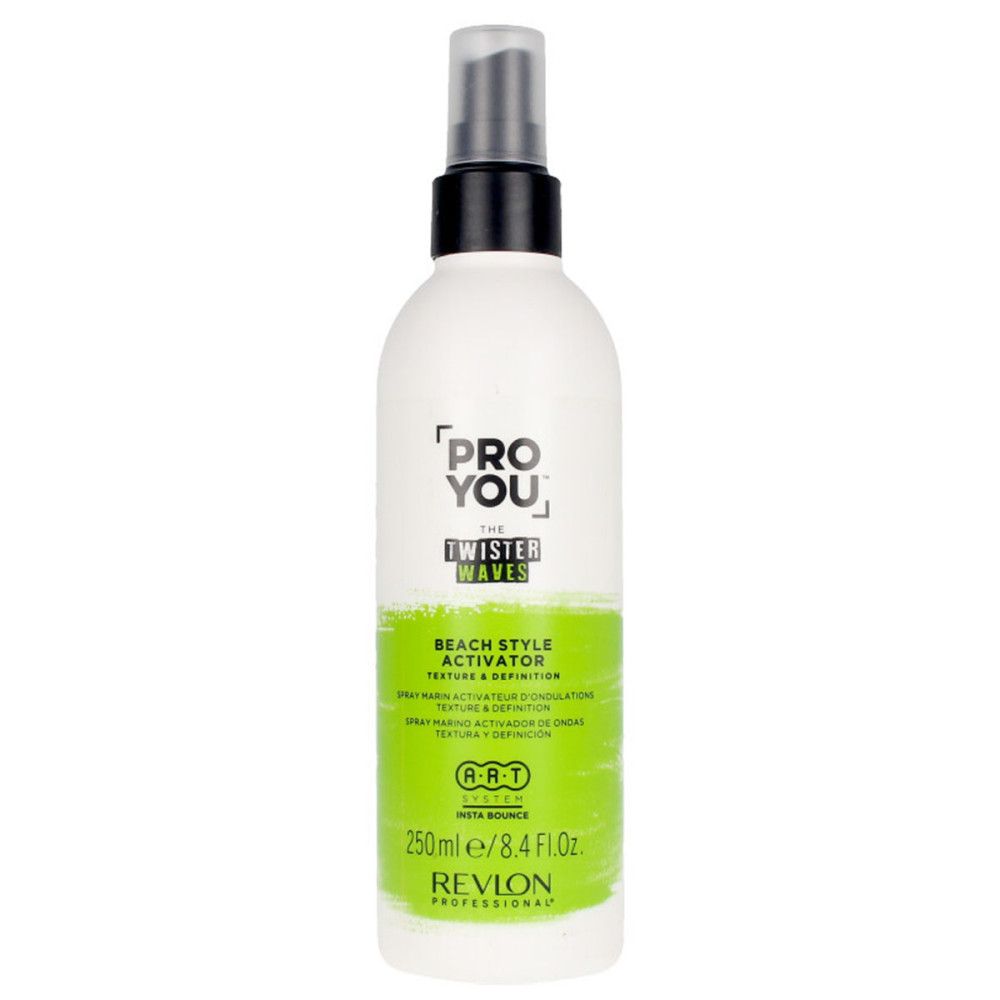 Spray blanc avec tête noire. Étiquette verte et blanche avec texte: Pro You The Twister Waves, Beach Style Activator. 250ml.