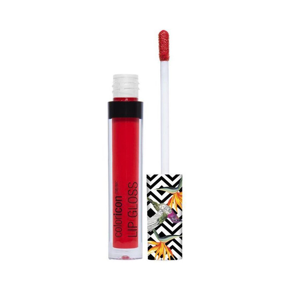 Rode lipgloss in transparante fles. Met applicator. Zwart-wit zigzagpatroon met bloemen.