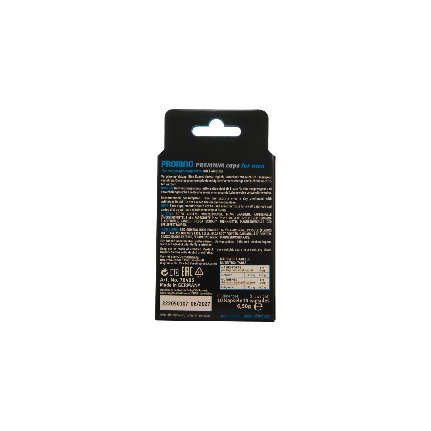 Arrière de l'emballage de PRORINO POTENCY CAPS FOR MEN, avec informations nutritionnelles et ingrédients.