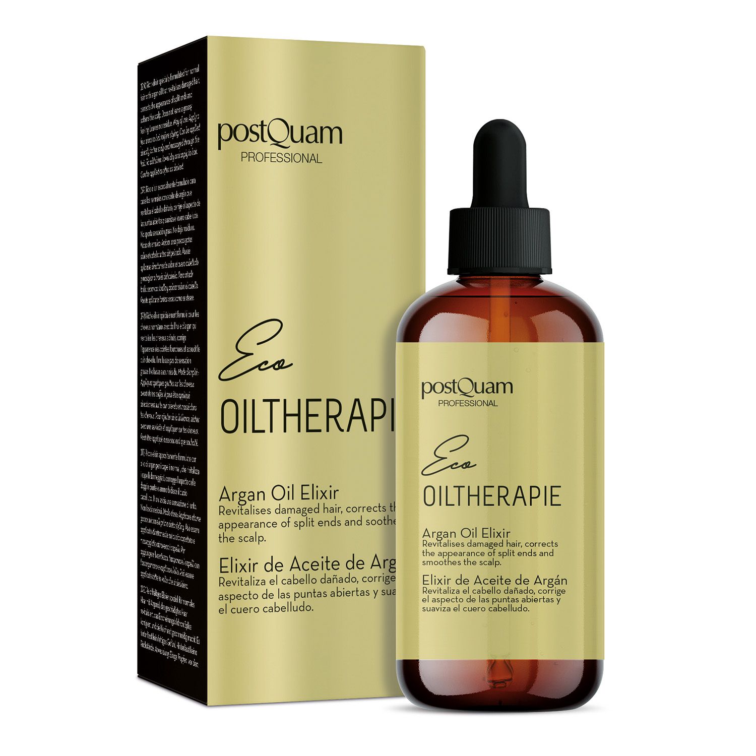 Bruine glazen fles met pipet en gouden etiket. Gouden doos met tekst ernaast. Productnaam: Eco Oiltherapie.