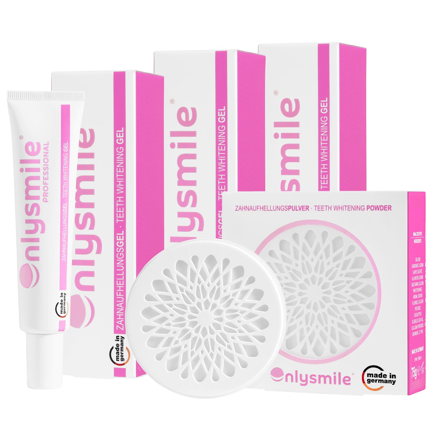 OnlySmile producten: gel, poeder en dozen. Tekst: Teeth Whitening Gel, Zahnpulver, Made in Germany.