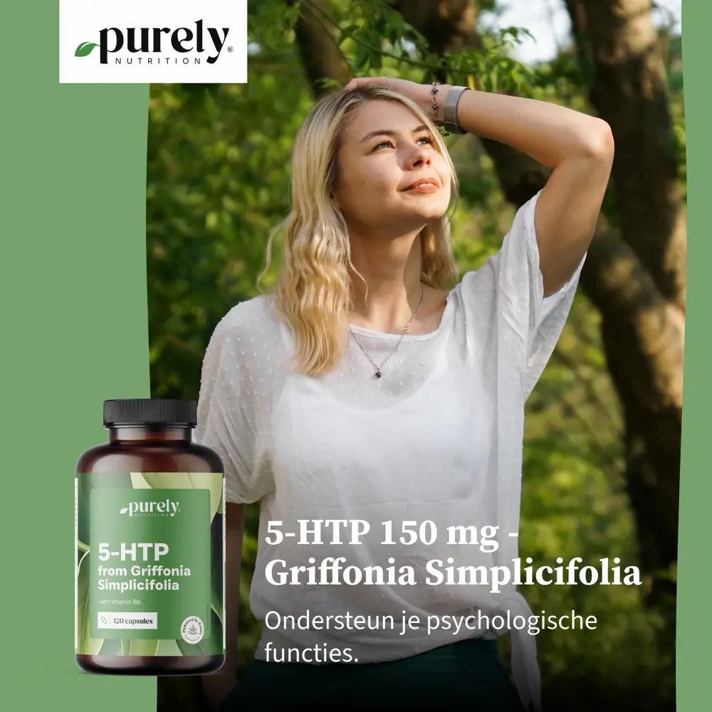 Vrouw kijkt omhoog. Fles met groen etiket. Opschrift: 5-HTP from Griffonia Simplicifolia. Tekst: 5-HTP 150 mg.