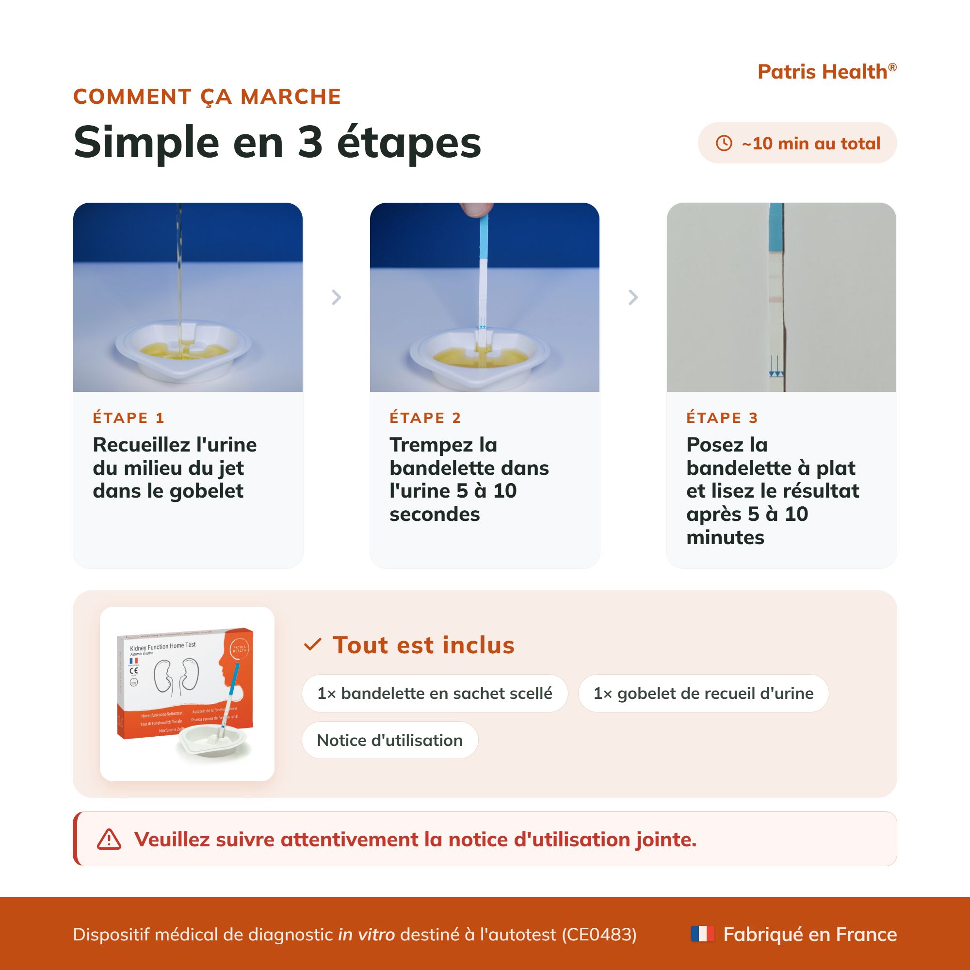 Boîte de test rénal avec informations sur l'utilisation et l'origine.