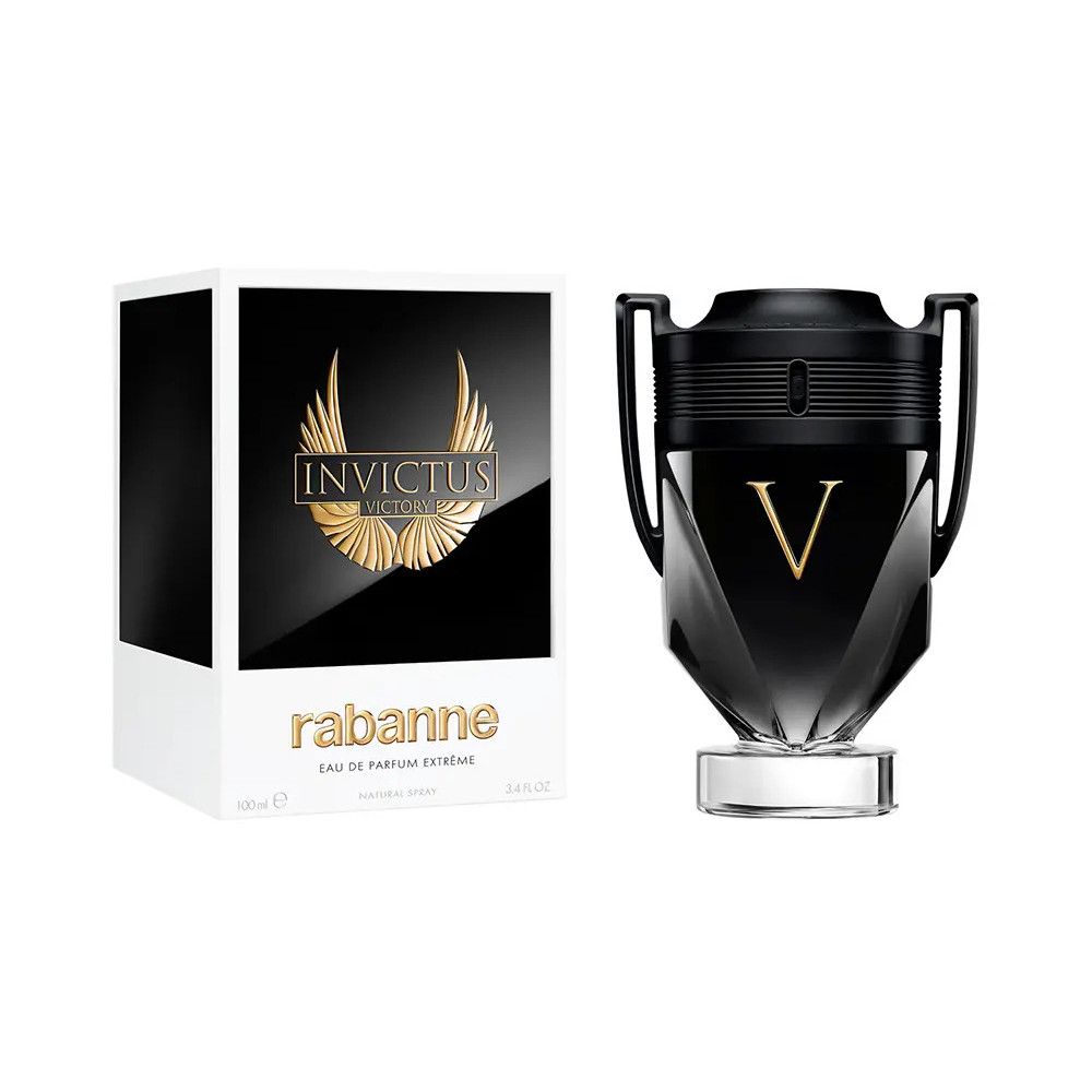 Flacon noir avec marquage "V" doré et emballage blanc. L'emballage porte les mentions "Invictus Victory" et "rabanne".