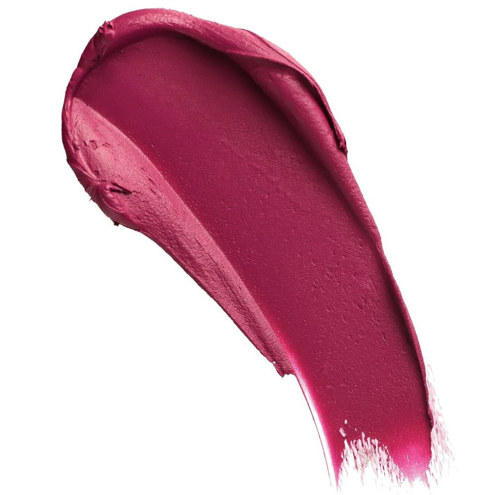 Un trait de rouge à lèvres violet sur fond blanc. La texture est mate et crémeuse.