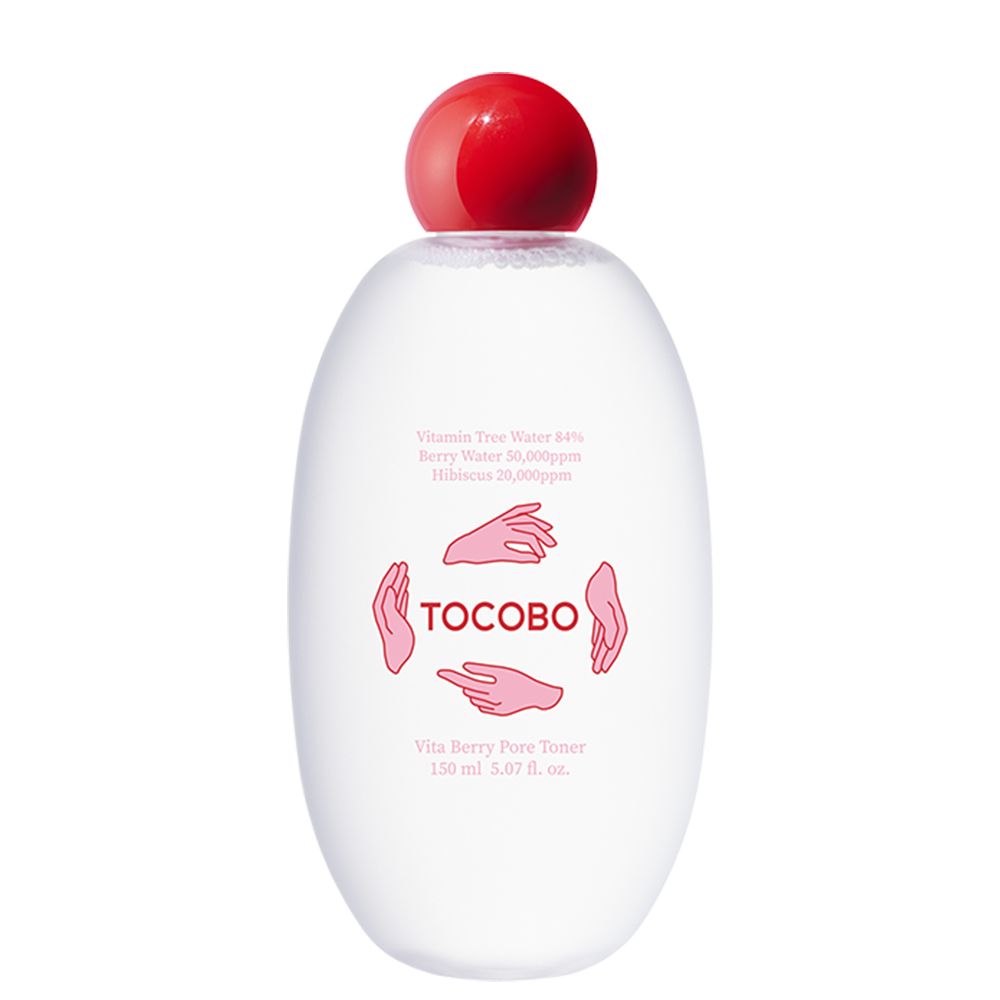 TOCOBO Vita Berry Pore Toner in ovale fles met rode dop. Bevat Vitamine Tree Water, Berry Water en Hibiscus.