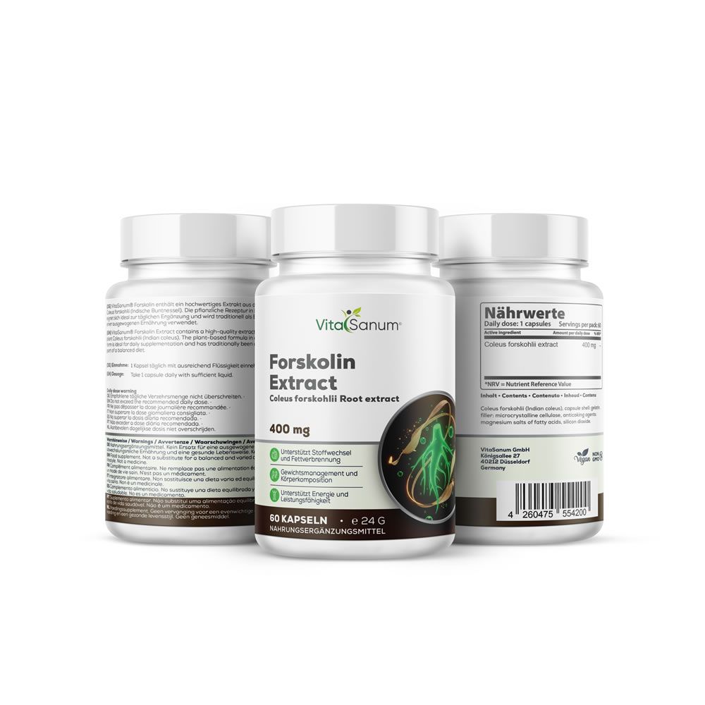 Drie witte flessen met capsules. Opschrift: VitaSanum, Forskolin Extract, 400 mg. Illustratie van Coleus Forskohlii.