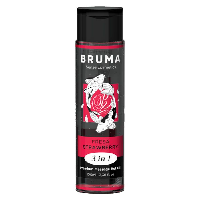 Bruma Premium verwarmende massageolie fles met aardbeienprint en koivissen.