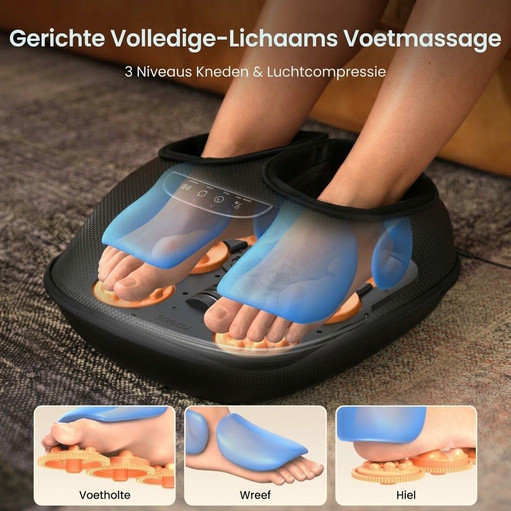 Elektrische voetmassager met blauwe luchtkussens rondom voeten en enkels. Zichtbare massageknoppen en bedieningselementen.