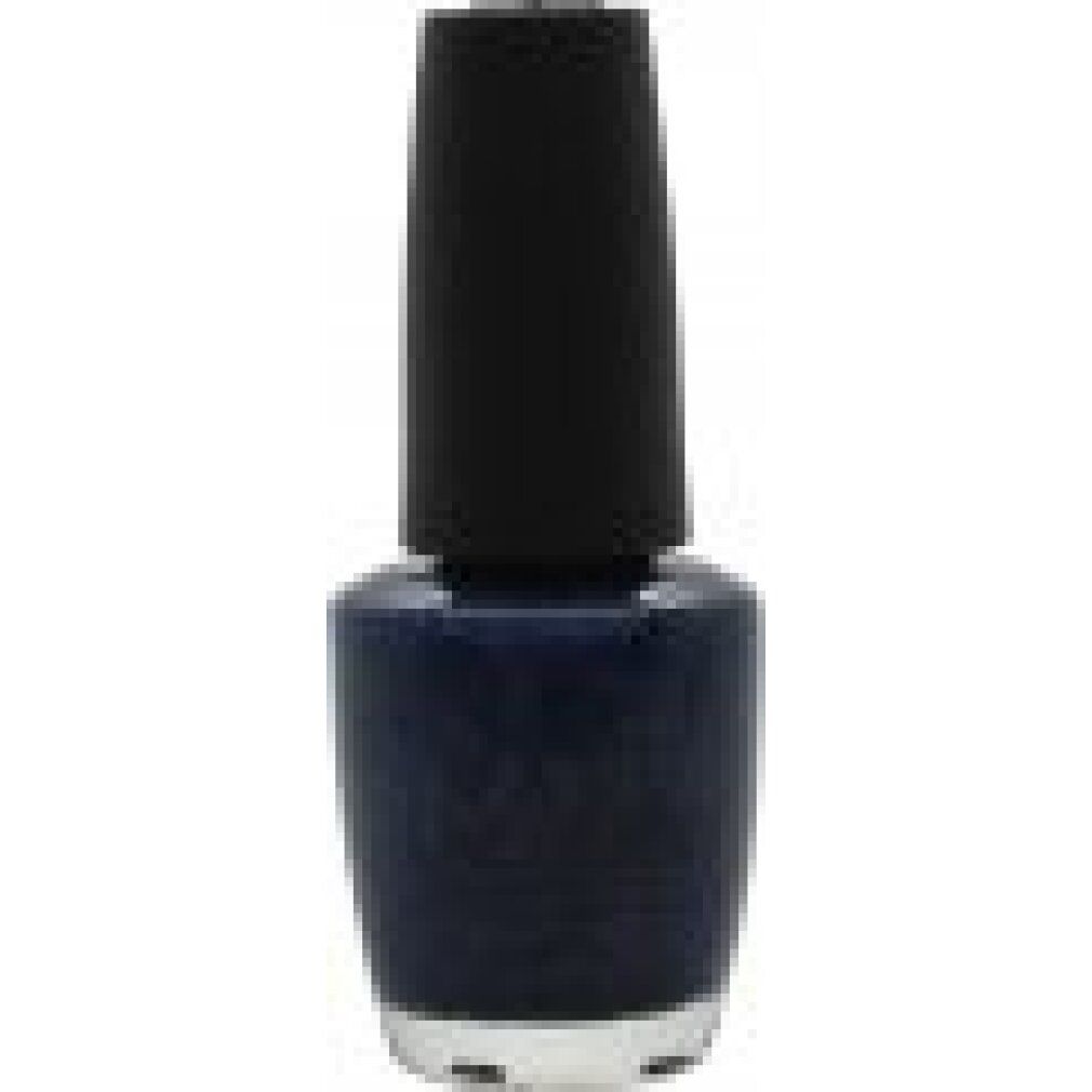 Donkerblauwe nagellakfles met zwarte dop.