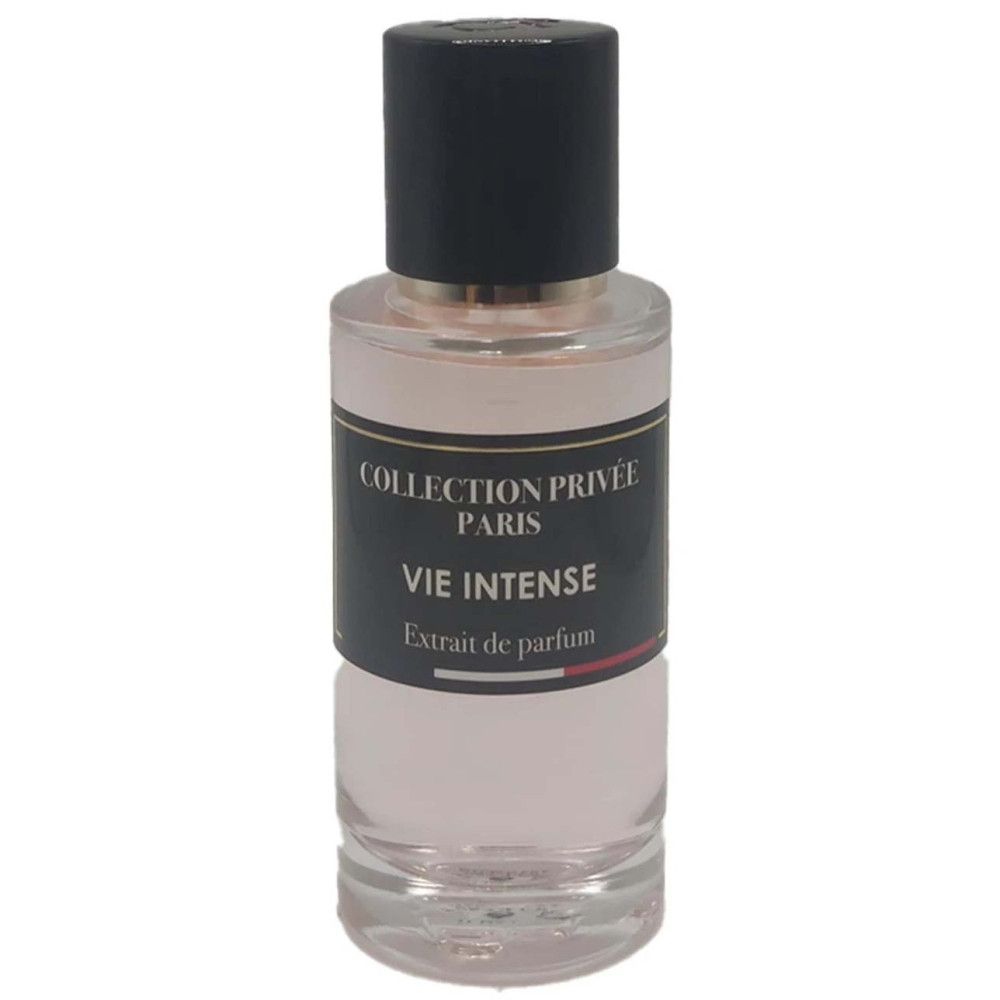 Flacon avec bouchon noir. Inscription : Collection Privée Paris, Vie Intense, Extrait de parfum.