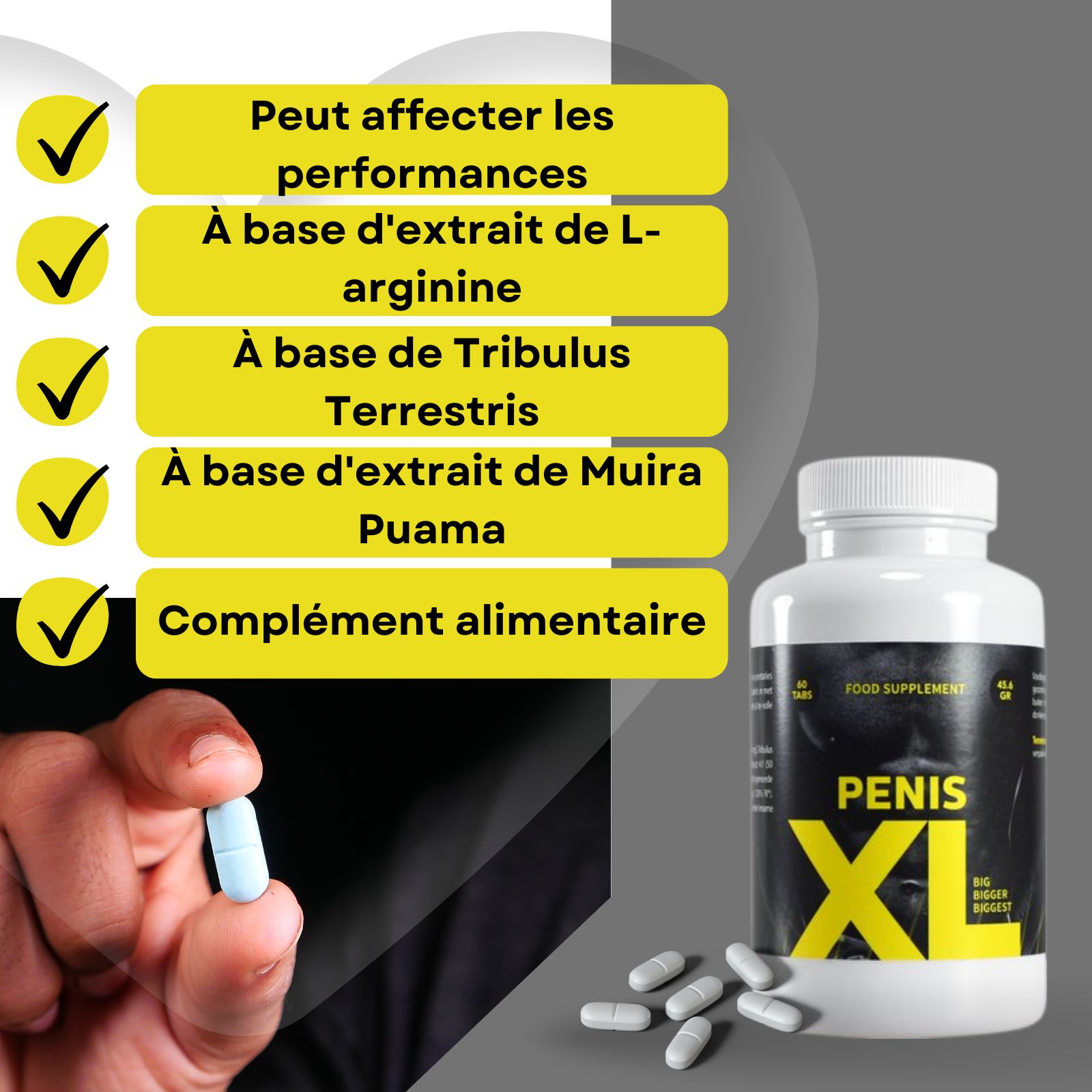 Boîte avec inscription PENIS XL. 40 comprimés. Impression: BIG BIGGER BIGGEST. Homme en arrière-plan. Complément alimentaire.